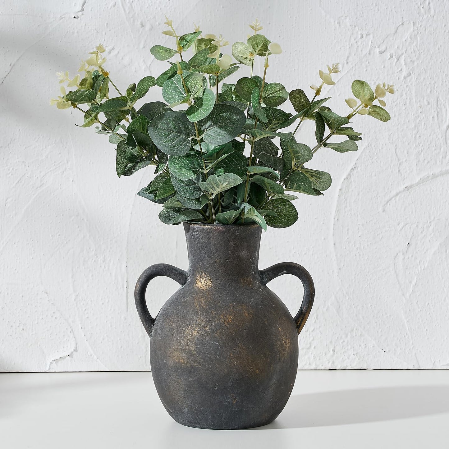 SIDUCAL Rustic Ceramic Farmhouse Flower Vase with 2 Handles, Whitewashed Terra Cotta Vase, Decorative Pottery Flower for Home Decor, Table, Living Room, Shelf Decor, 7.3 Inch, Terra