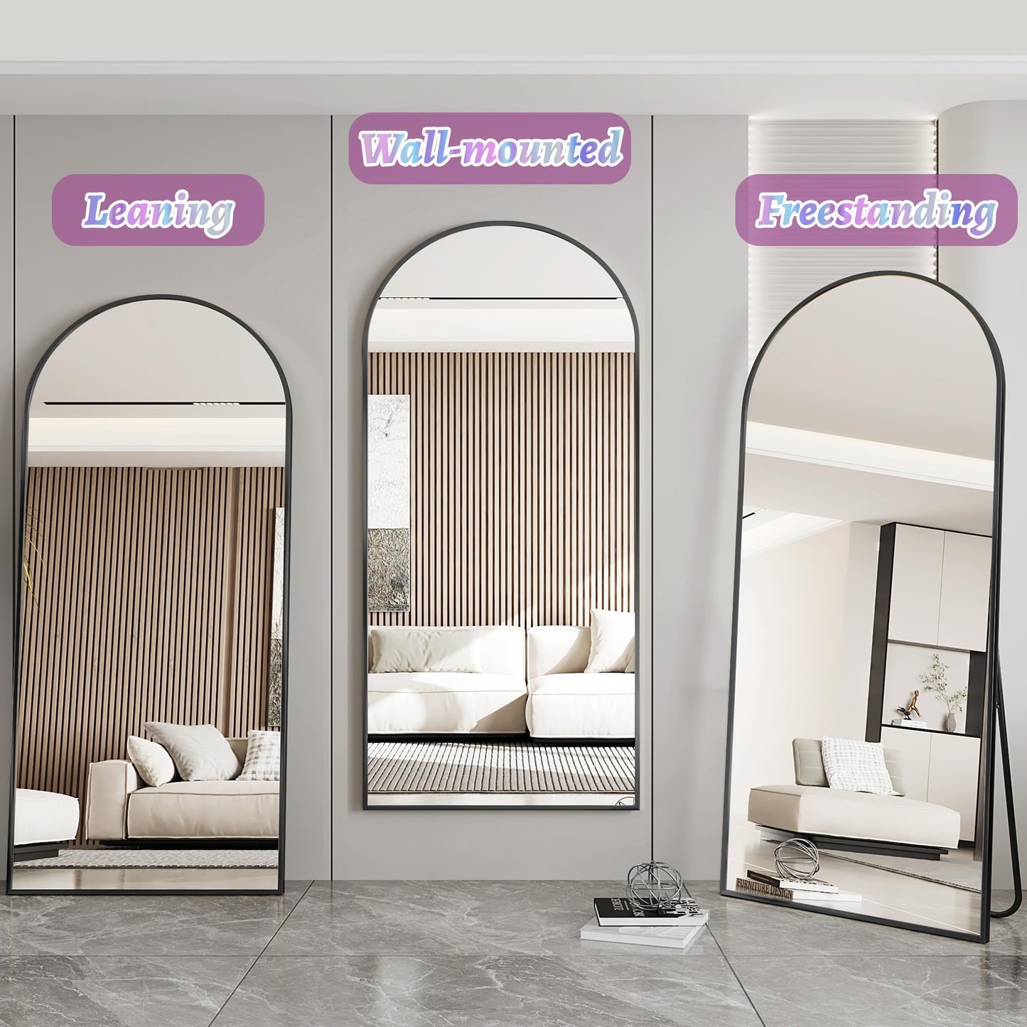 Full Length Mirror, 76"x34" Arched Floor Mirror Freestanding, Floor Standing Full Body Mirror with Stand for Bedroom, Hanging Mounted for Living Room Cloakroom, Black