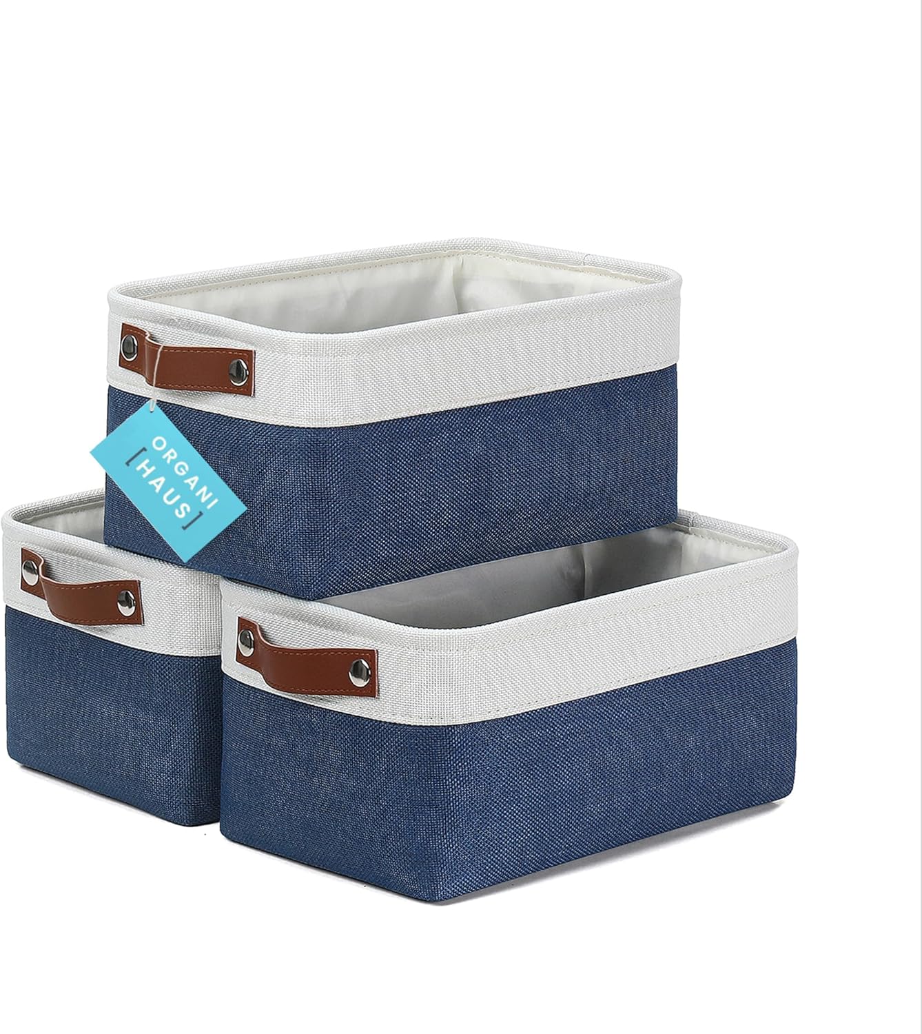 OrganiHaus Small Fabric Storage Baskets for Shelves 3 Pack, 12x8in Closet Storage Bins for Shelves, Cloth Baskets for Organizing, Linen Closet Organizers, Fabric Basket, Beige/White