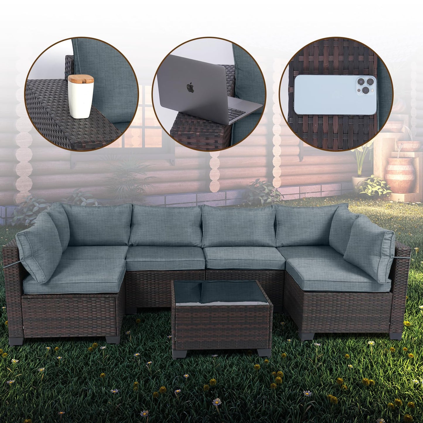 LEVELEVE 7 Pieces Outdoor Patio Furniture Sets,Rattan Conversation Sectional Set,Manual Weaving Wicker Patio Sofa with Tea Table