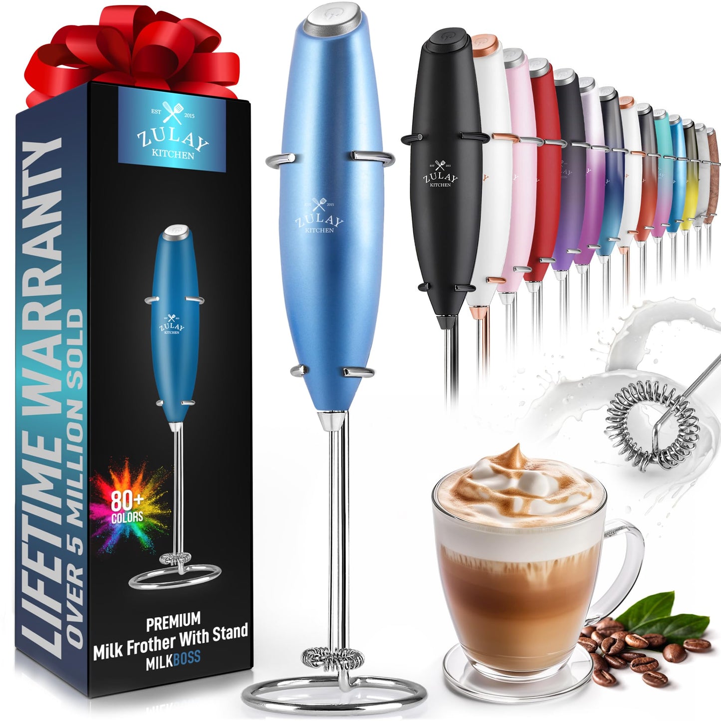 Zulay Double Whisk Milk Frother Handheld Mixer - High Powered Frother For Coffee With Improved Motor - Milk Frother Electric Whisk Drink Mixer For Cappuccino, Frappe, Matcha, Twin Whisk - Black/Copper
