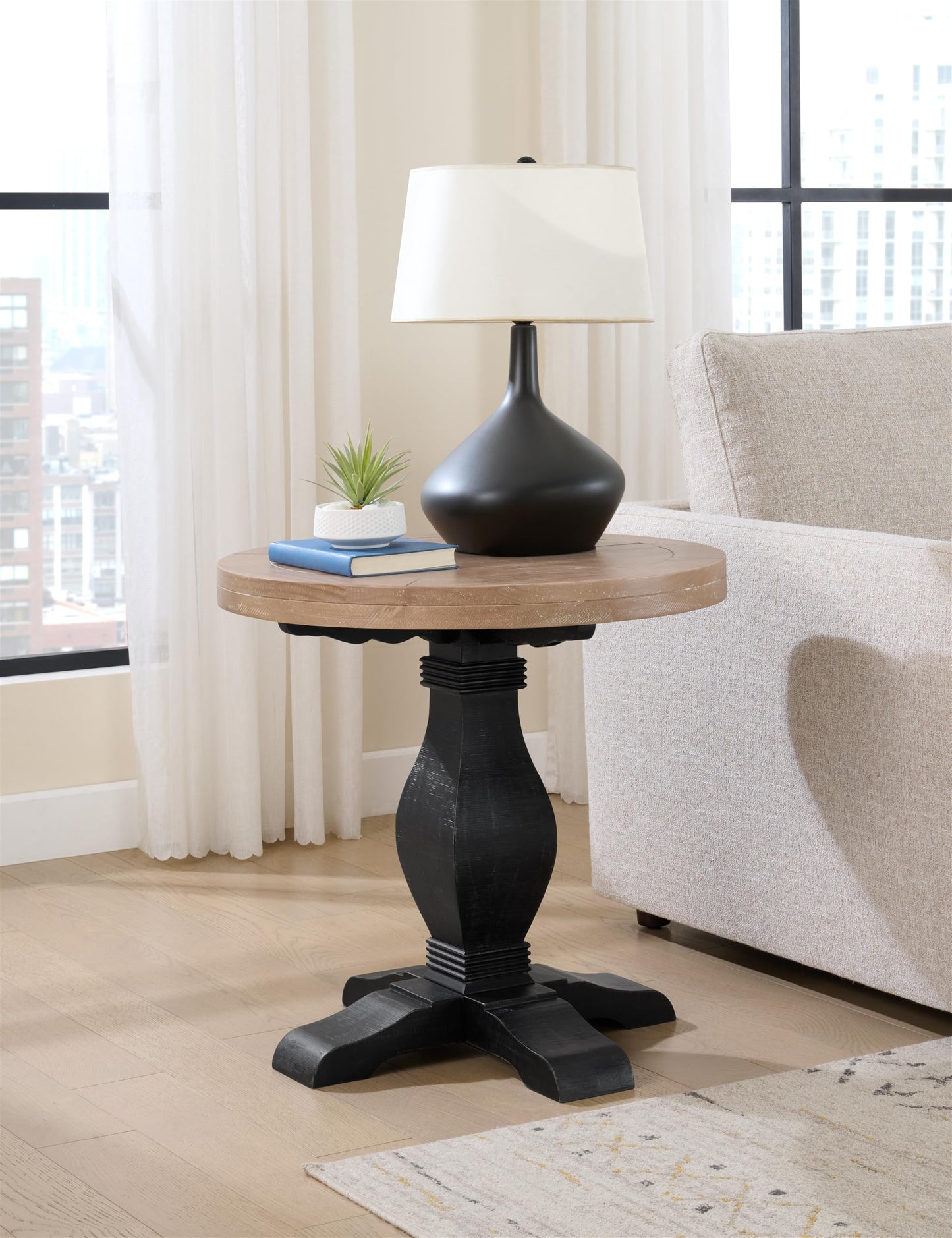 Napa Solid Wood Farmhouse Rustic Round End Side Living Room Table, Nightstand 26" W x 26" D x 25" H