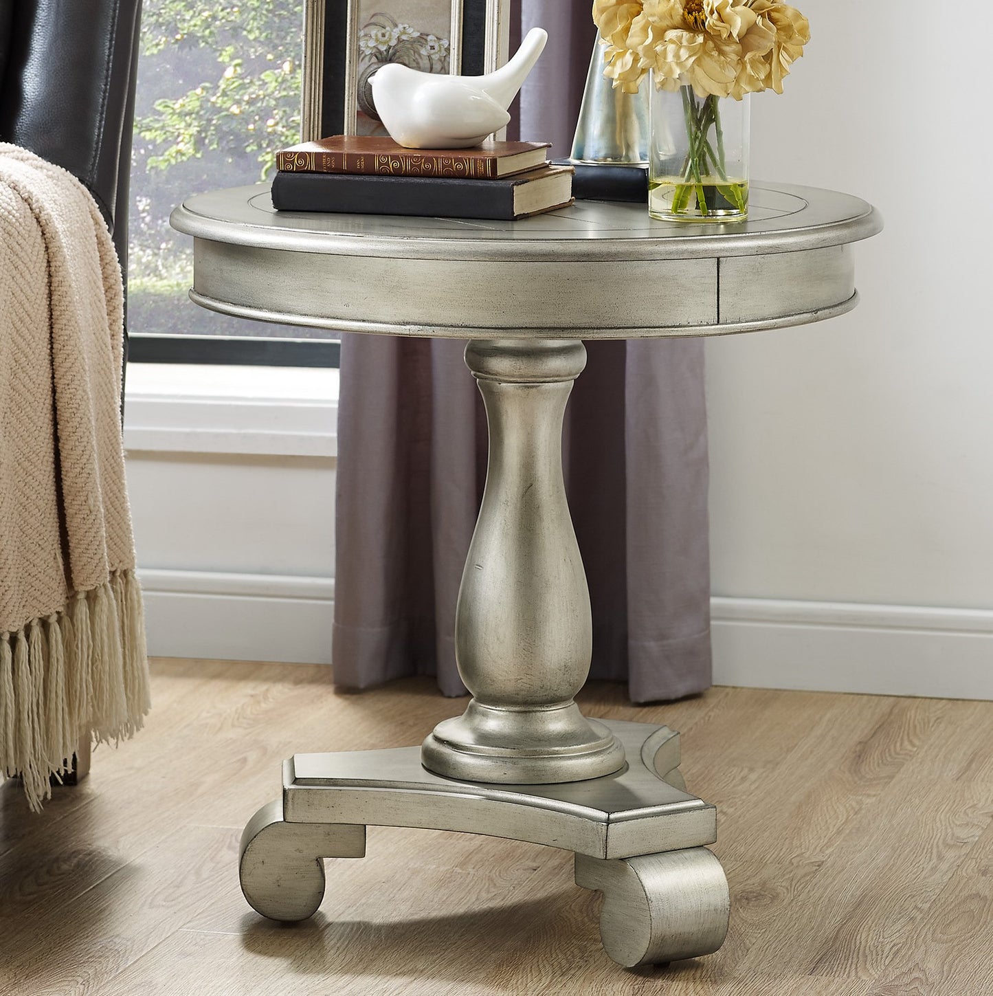 Roundhill Furniture Rene Round Wood Pedestal Side Table, Antique White