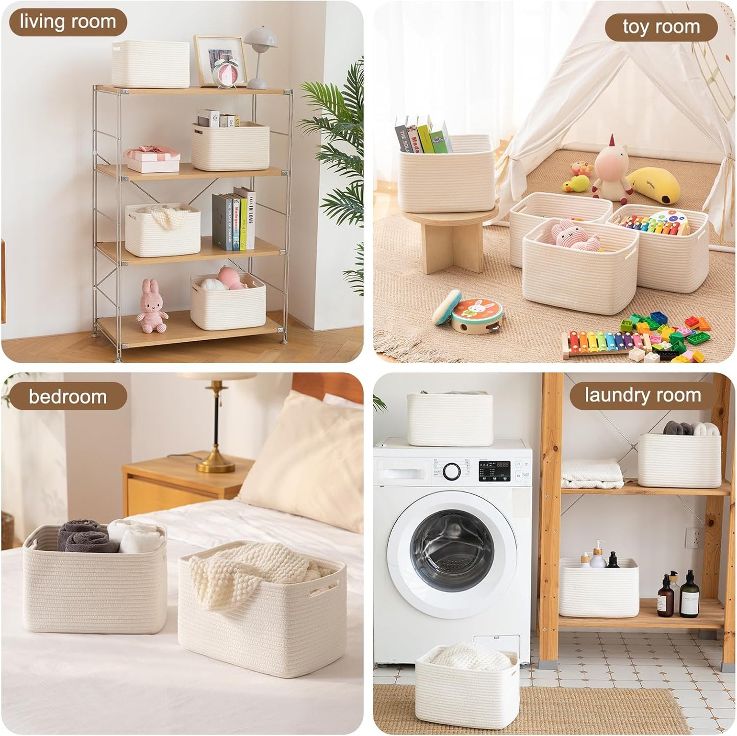 Storage Baskets for Organizing, Woven Decorative Baskets for Shelves - Books, Towels, and Clothes, Cotton Rope Toy Storage Bins, 12.7''Lx9''Wx7.8''H, Pack of 4, Brown