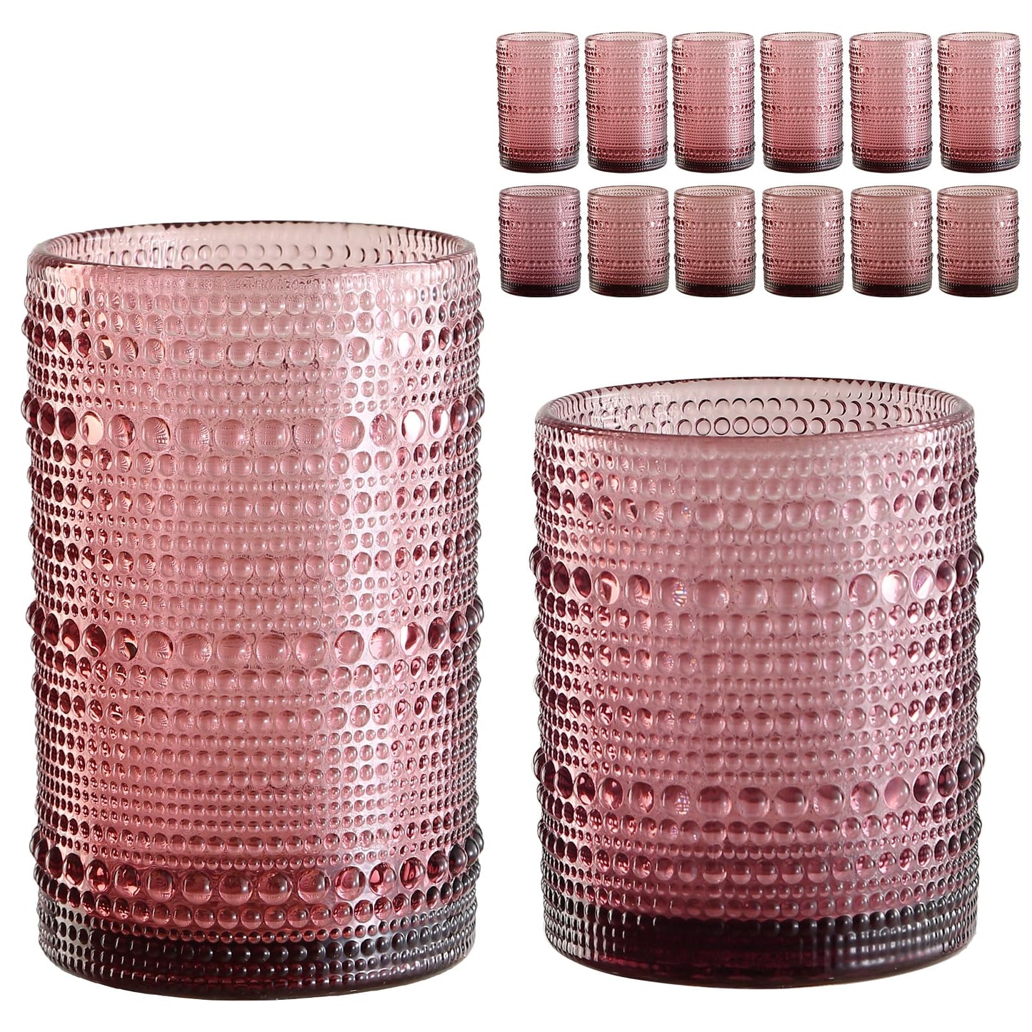 Vintage Glassware Drinking Glasses Set of 6,15 oz Hobnail Glass Cups,Embossed Blue Water Tumbler,for Beer,Cocktail,Whiskey,Juice and Various Mixed Drinks- 1 Cleaning Brush