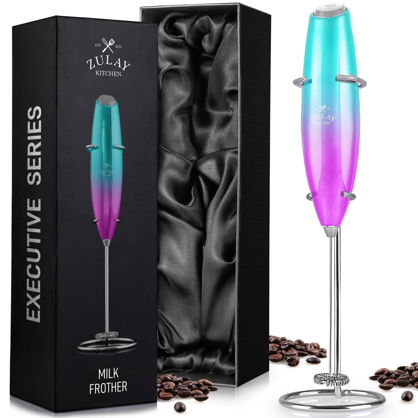 Zulay Double Whisk Milk Frother Handheld Mixer - High Powered Frother For Coffee With Improved Motor - Milk Frother Electric Whisk Drink Mixer For Cappuccino, Frappe, Matcha, Twin Whisk - Black/Copper