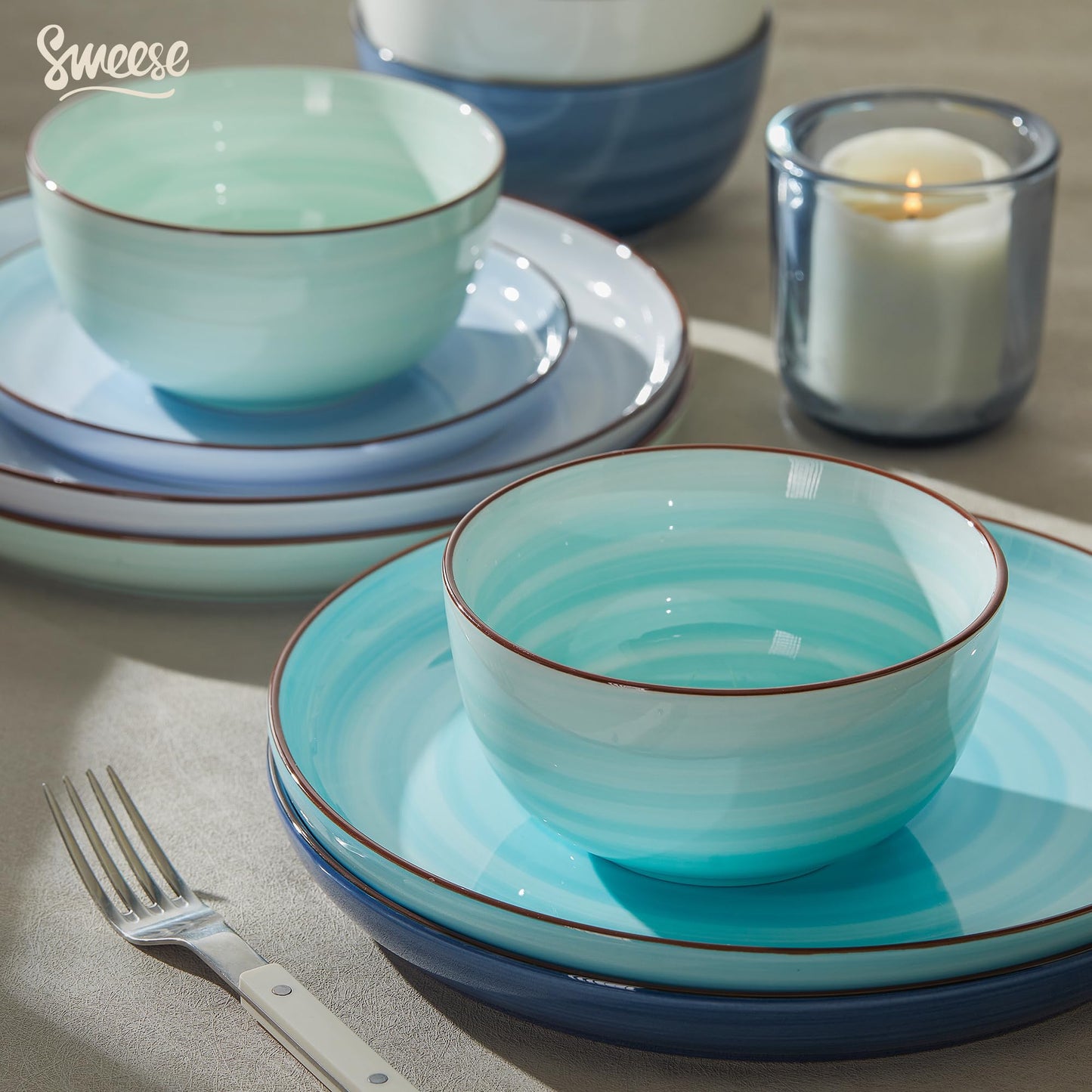 Sweese Plates and Bowls Sets, 18 Piece Dinnerware Set Porcelain Round Dinner Set for 6, Scratch Resistant Dishes Set, Dishwasher and Oven Microwave Safe Handpainted Swirl Dishware Sets, Neutral