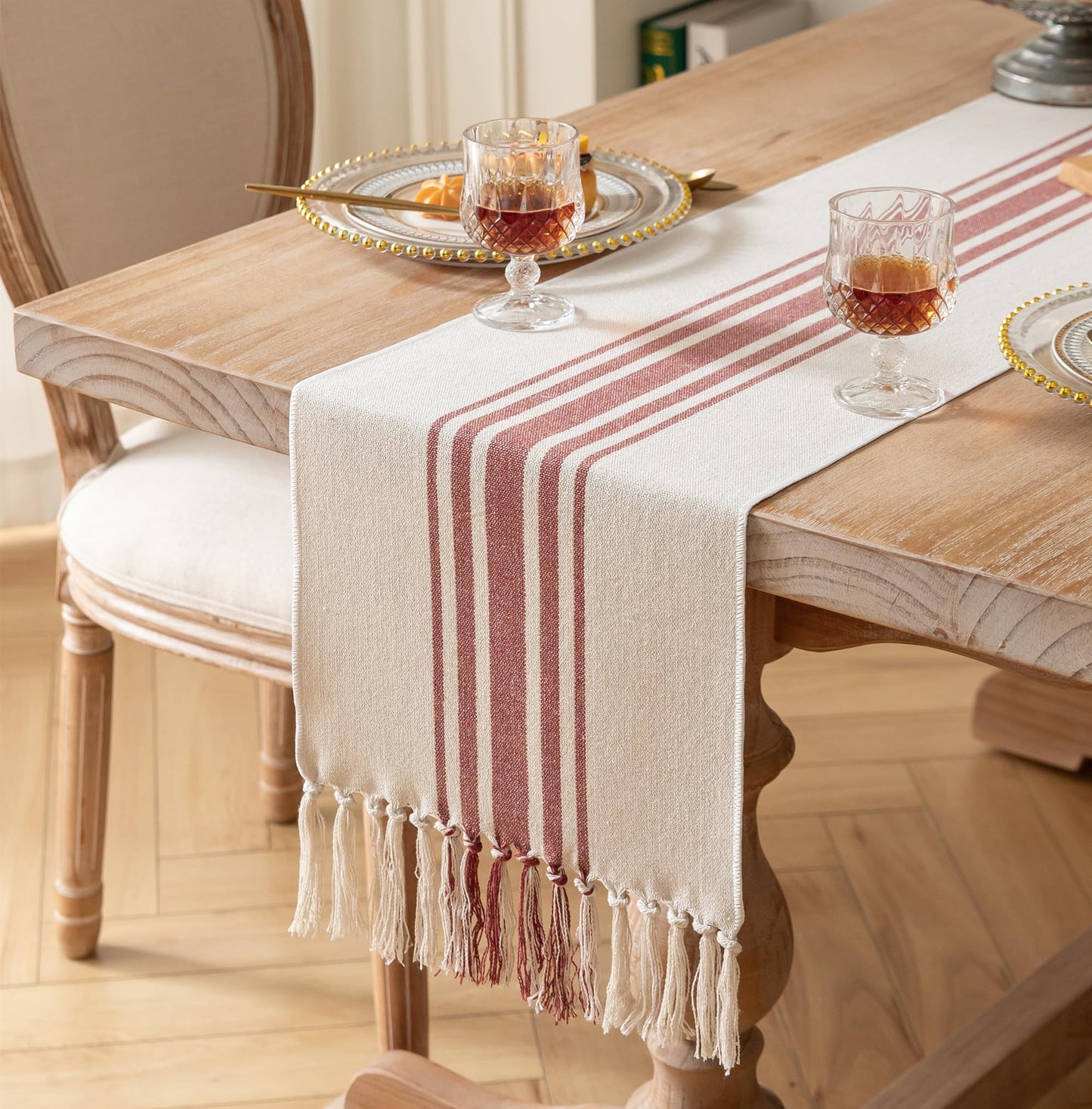 Caflife Boho Table Runner for Modern Farmhouse Decor, Dining Table décor 13 x 72 Inch Long, Coffee Table Runner with Handcrafted Tassels, Green and Beige Stripe Table Runner for Home Boho décor