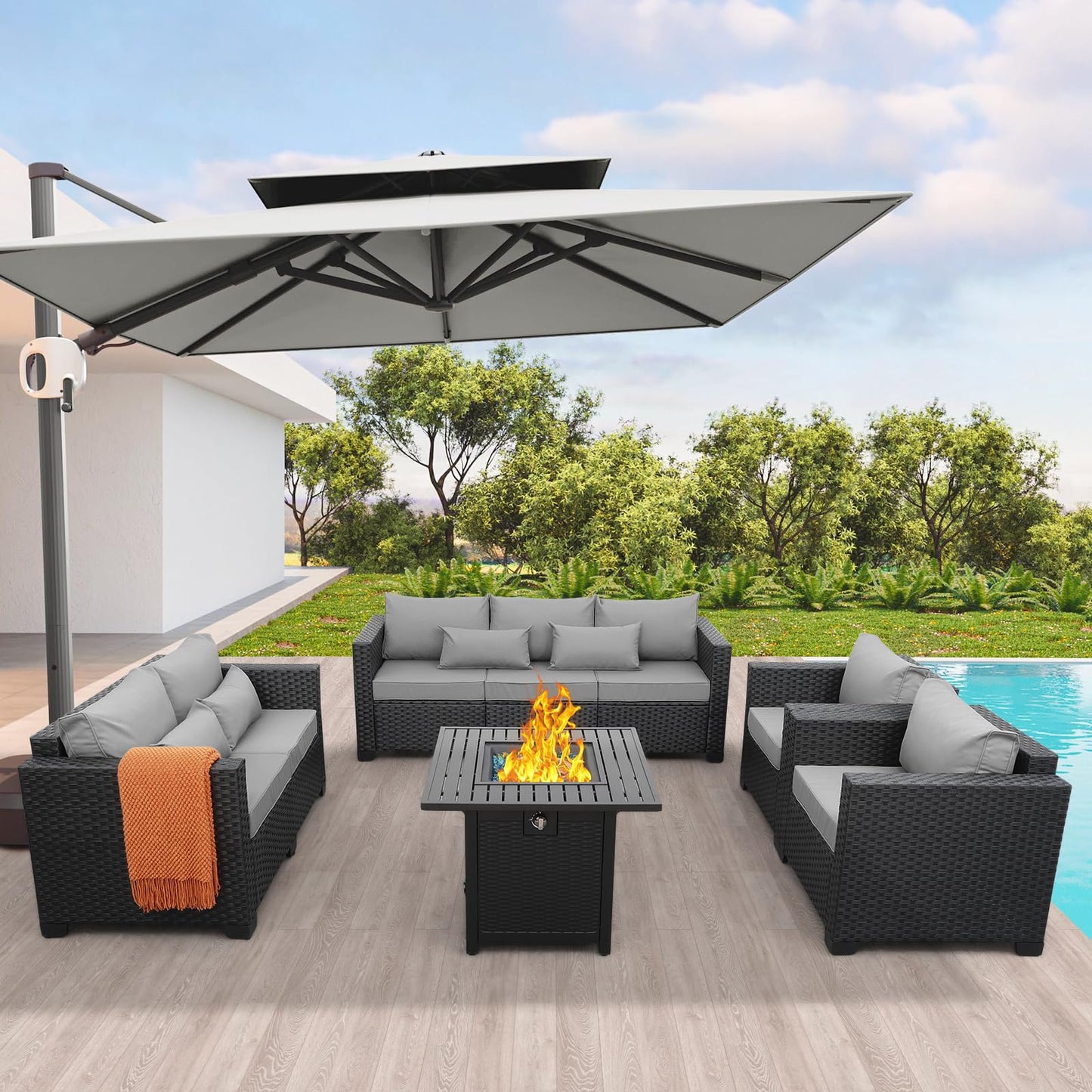 Rattaner 5 Pcs Outdoor Furniture Sets Patio Furniture Set with 45" Fire Pit Patio Couch Outdoor Chairs 60000 BTU Steel Propane Fire Pit Table No-Slip Cushions and Waterproof Covers, Light Grey