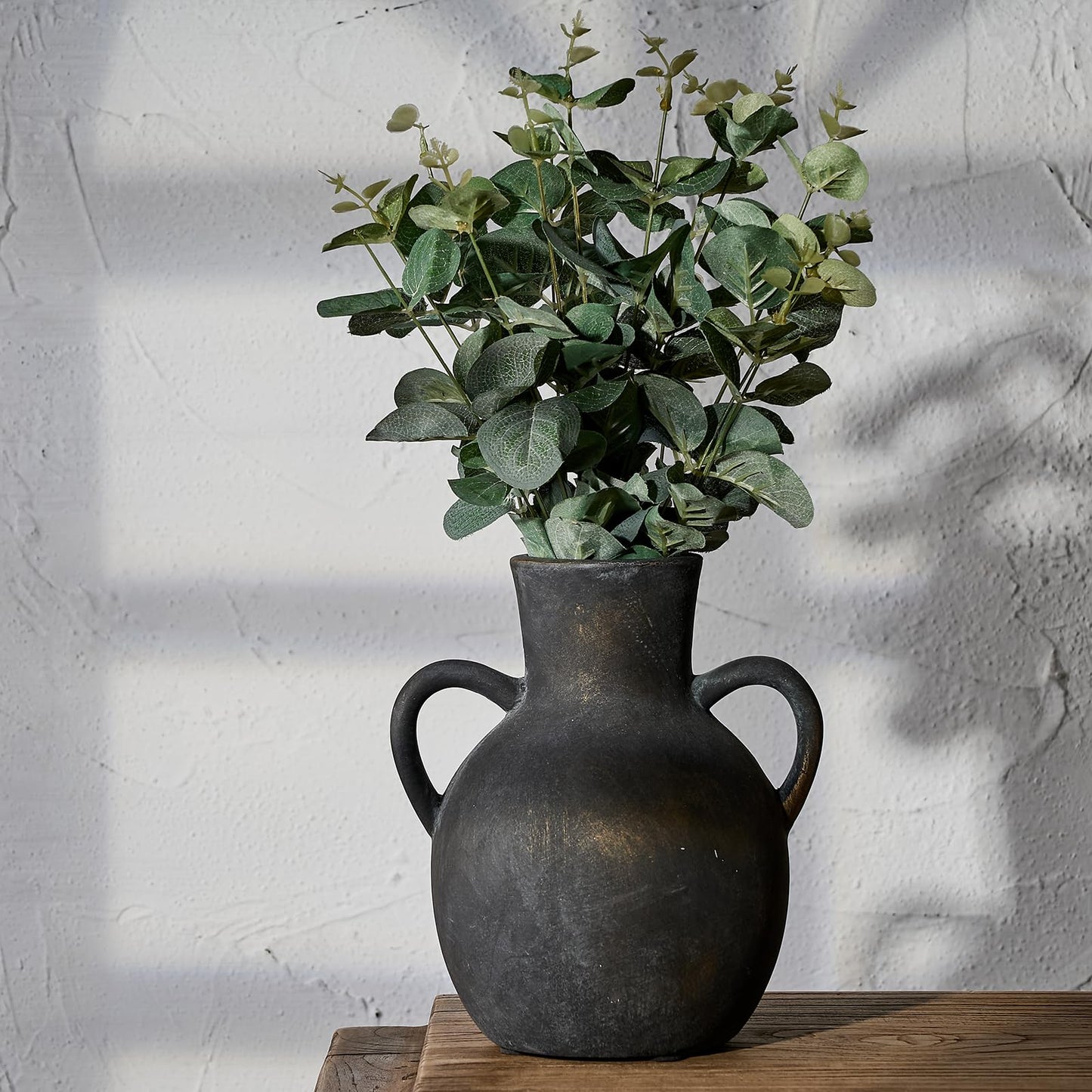 SIDUCAL Rustic Ceramic Farmhouse Flower Vase with 2 Handles, Whitewashed Terra Cotta Vase, Decorative Pottery Flower for Home Decor, Table, Living Room, Shelf Decor, 7.3 Inch, Terra