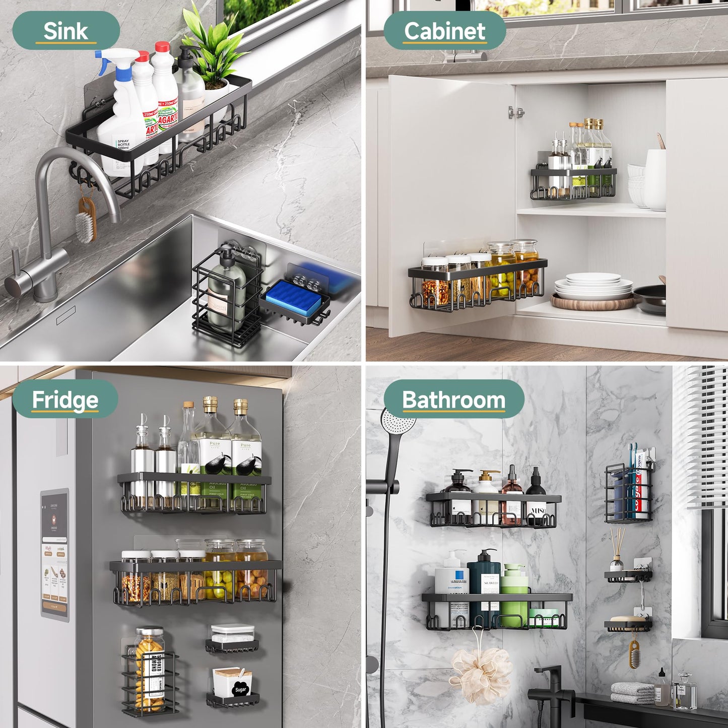 Veken Stainless Steel Shower Caddy 6-Pack, No Drilling & Rustproof, Waterproof Adhesive Shelves Rack with Soap Holder, Large Capacity Bathroom Organizers and Storage, Wall-Mounted Kitchen & Home Decor
