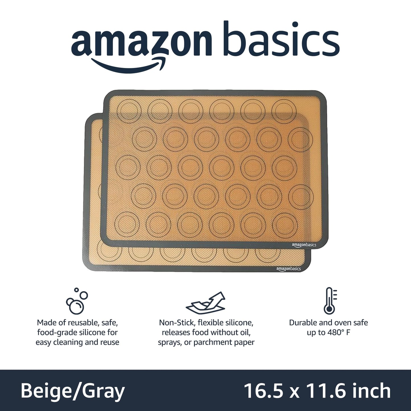 Amazon Basics Rectangular Silicone, Non-Stick Reusable, Food Safe Baking Mat, Pack of 2, 16.5"L x 11.6"W, New Beige/Gray