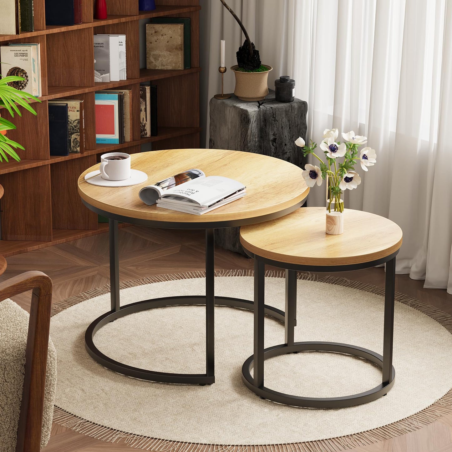 Smuxee Nesting Coffee Table Set of 2, 23.6" Round Coffee Table Wood Grain Top with Adjustable Non-Slip Feet, Industrial End Table Side Tables for Living Room Bedroom Balcony Yard