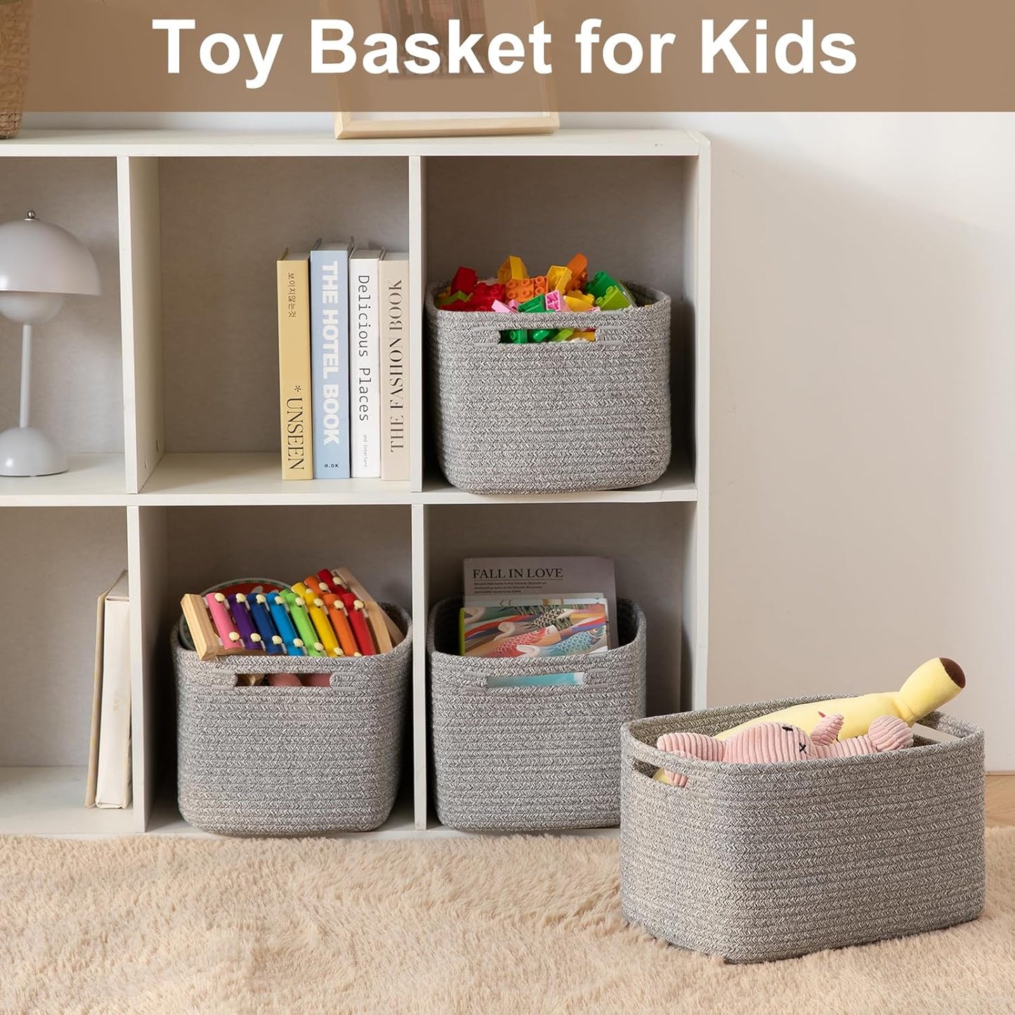 Storage Baskets for Organizing, Woven Decorative Baskets for Shelves - Books, Towels, and Clothes, Cotton Rope Toy Storage Bins, 12.7''Lx9''Wx7.8''H, Pack of 4, Brown