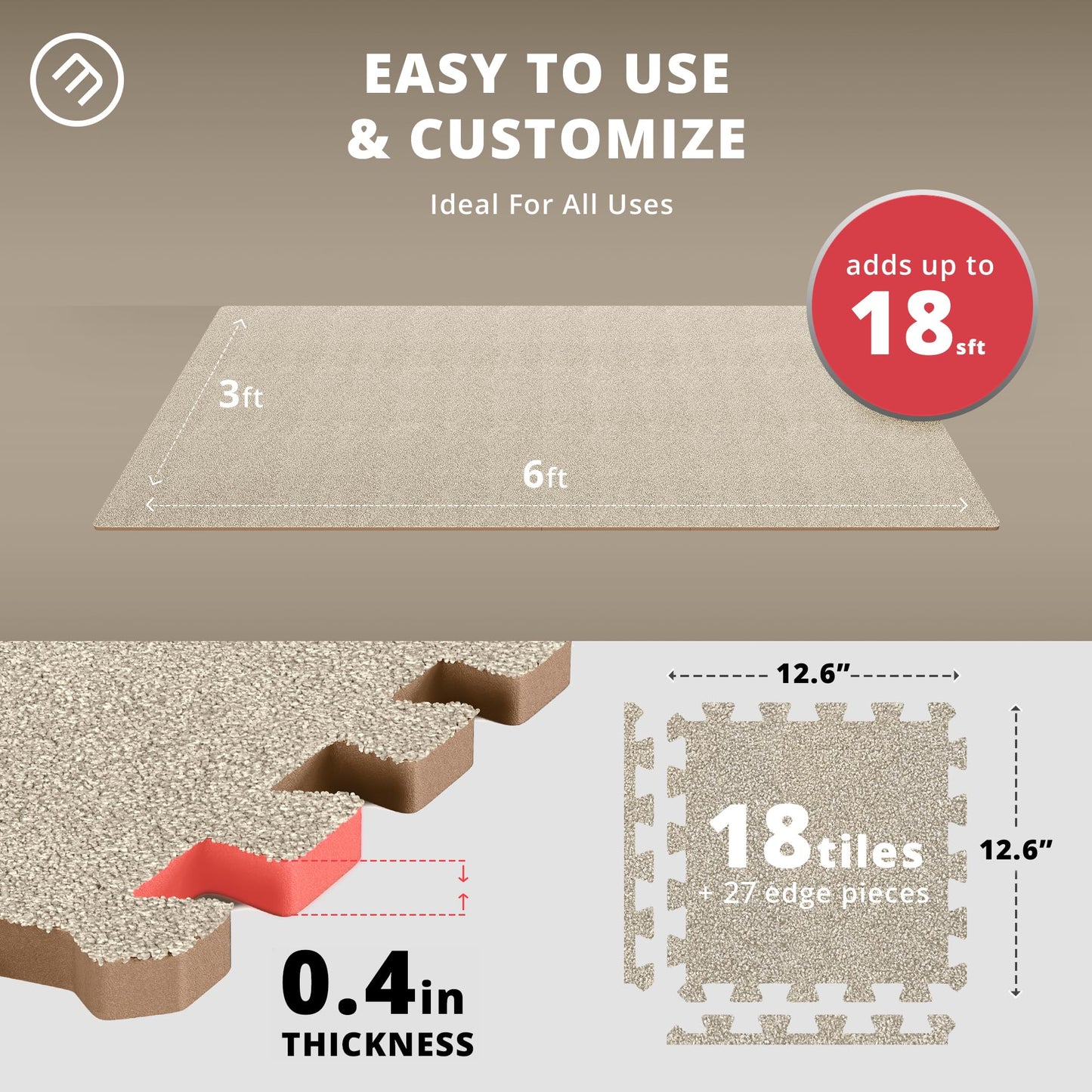 Gym Flooring Set - Interlocking EVA Soft Foam Floor Mat, 18 Pieces Puzzle Rubber Tiles Protective Ground Surface Protection, Play Workout Exercise Mats Underlay Matting Sports Pool Home Fitness Garage