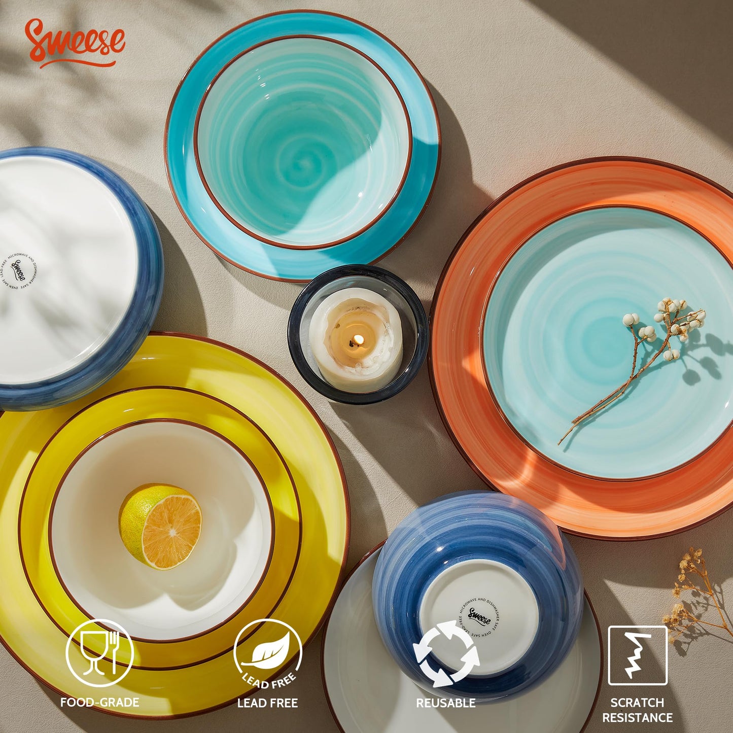 Sweese Plates and Bowls Sets, 18 Piece Dinnerware Set Porcelain Round Dinner Set for 6, Scratch Resistant Dishes Set, Dishwasher and Oven Microwave Safe Handpainted Swirl Dishware Sets, Neutral