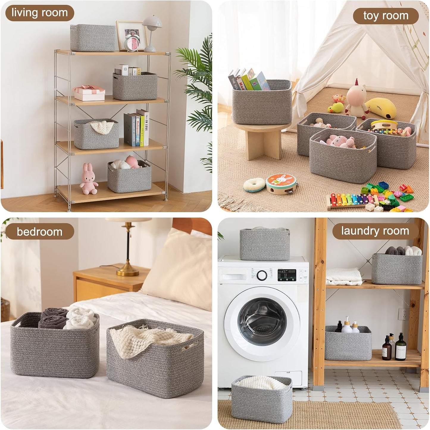 Storage Baskets for Organizing, Woven Decorative Baskets for Shelves - Books, Towels, and Clothes, Cotton Rope Toy Storage Bins, 12.7''Lx9''Wx7.8''H, Pack of 4, Brown