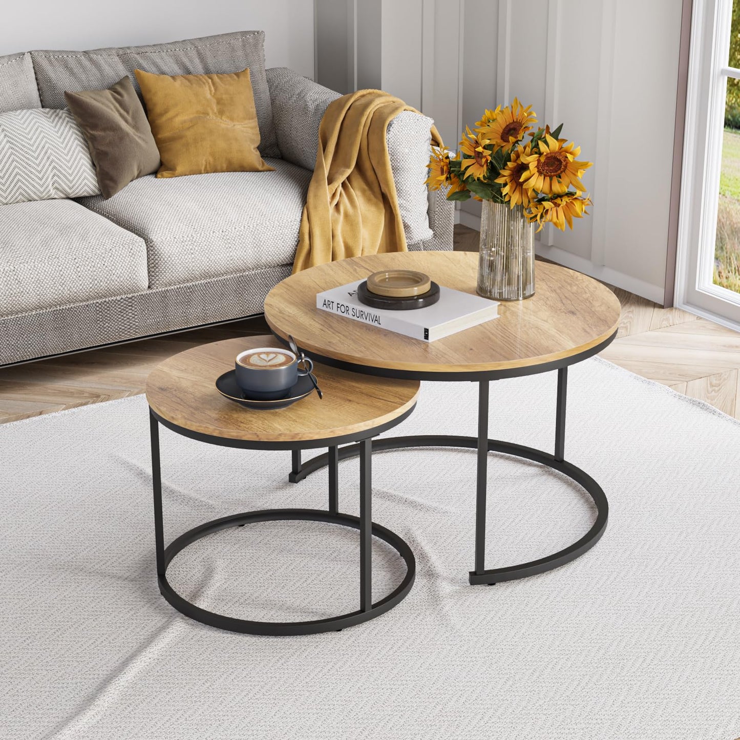 Smuxee Nesting Coffee Table Set of 2, 23.6" Round Coffee Table Wood Grain Top with Adjustable Non-Slip Feet, Industrial End Table Side Tables for Living Room Bedroom Balcony Yard