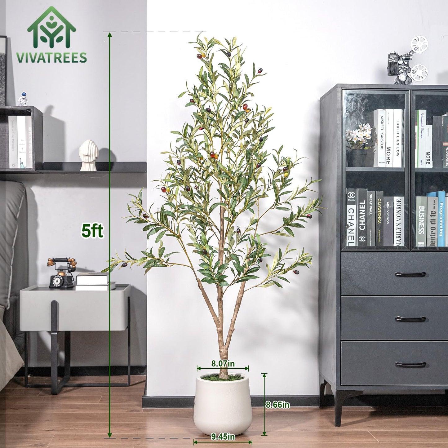 Olive Trees Artificial Indoor, 6FT Tall Faux Olive Tree with White Tall Planter, Artificial Plants with Natural Wood Trunk and Lifelike Fruits for Home Office Decor
