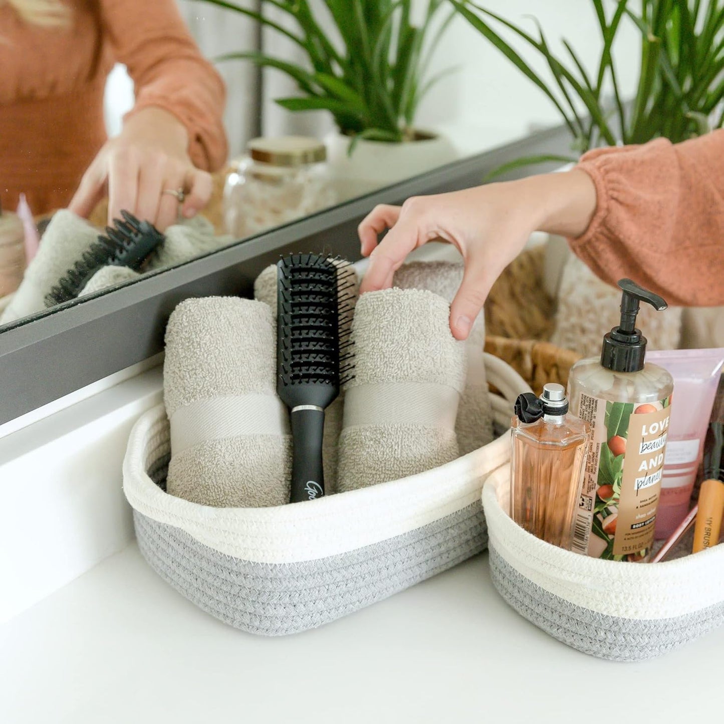 NaturalCozy 5-Piece Rectangle Storage Basket Set- Natural Cotton Rope Woven for Organizing! Small Basket for Montessori, Baby Nursery, Dog Toy Baskets, Cat Toy Box, Bathroom Organization Bin