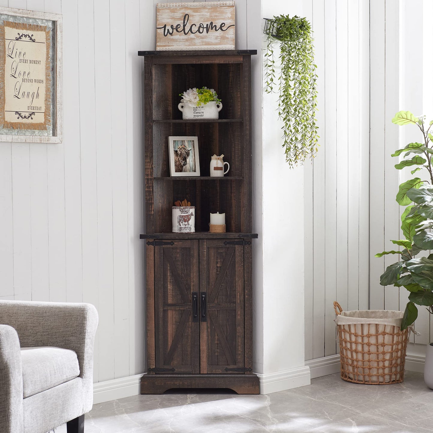 OKD Tall Corner Cabinet, Farmhouse Storage Cabinet with Barn Door Design & Adjustable Shelves, Home Space Saver for Bathroom, Living Room, Rustic Oak with Antique White