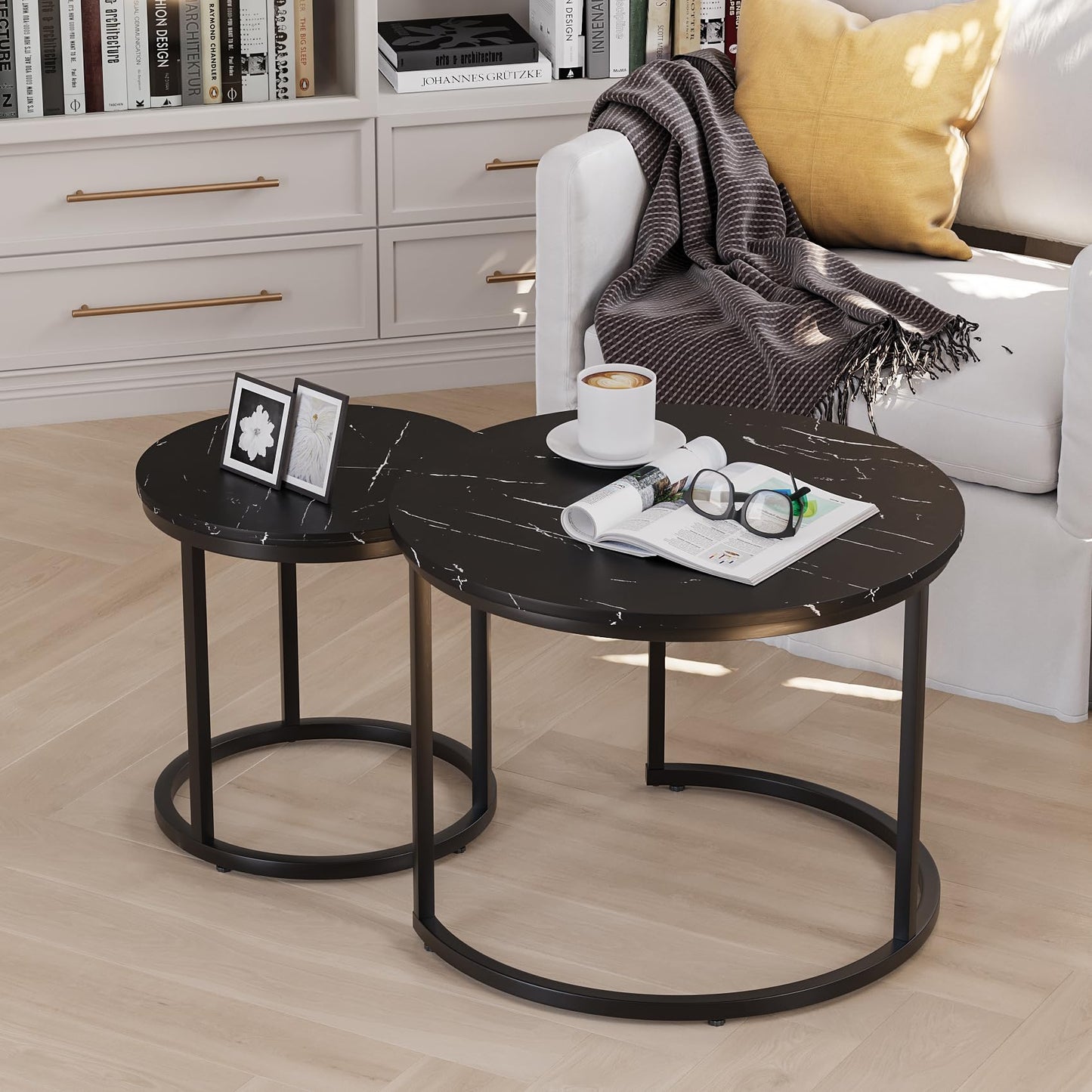 Smuxee Nesting Coffee Table Set of 2, 23.6" Round Coffee Table Wood Grain Top with Adjustable Non-Slip Feet, Industrial End Table Side Tables for Living Room Bedroom Balcony Yard