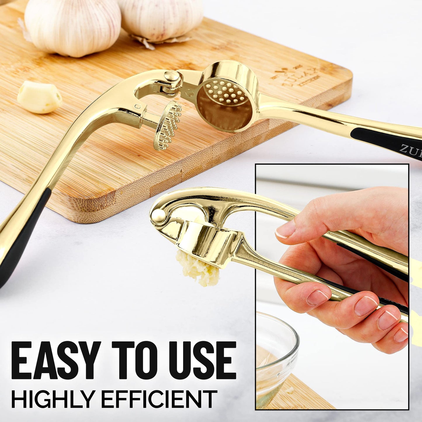 Zulay Kitchen Premium Garlic Press Set - Rust Proof & Dishwasher Safe Professional Garlic Mincer Tool - Easy-Squeeze, Easy-Clean with Soft, Ergonomic Handle - Silicone Garlic Peeler & Brush (Silver)