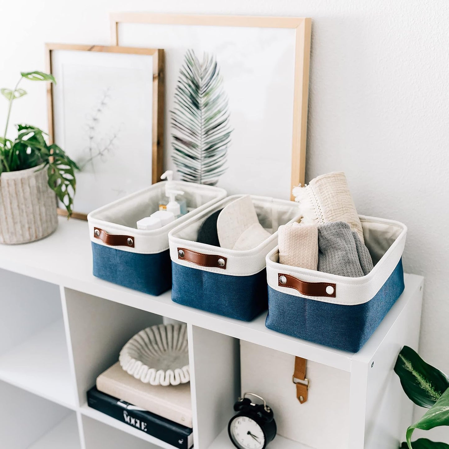 OrganiHaus Small Fabric Storage Baskets for Shelves 3 Pack, 12x8in Closet Storage Bins for Shelves, Cloth Baskets for Organizing, Linen Closet Organizers, Fabric Basket, Beige/White