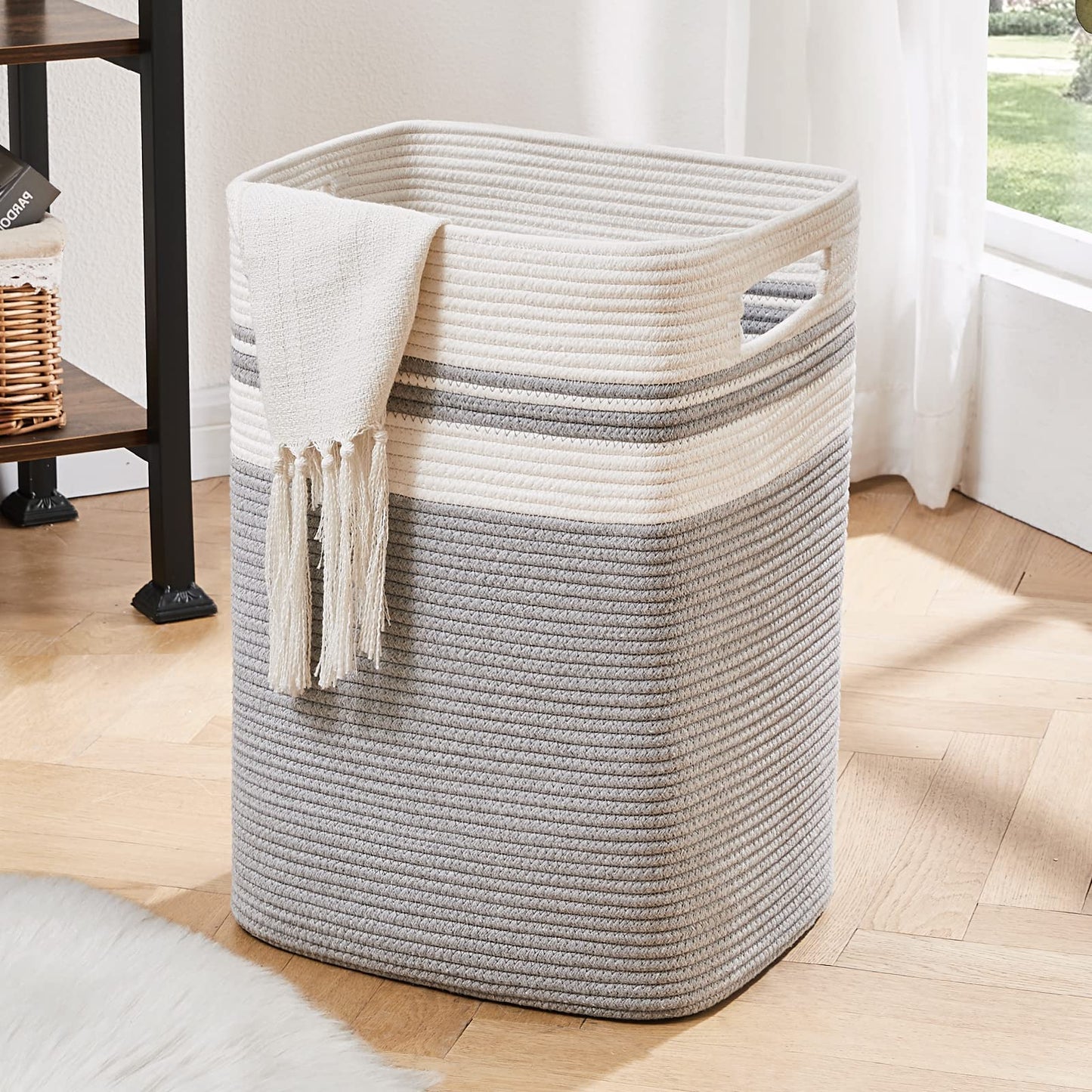 OIAHOMY Laundry Hamper-Laundry Basket,Tall Cotton Storage Basket with Handles,Decorative Blanket Basket for Living room,Collapsible Large Basket for Toys,Pillows,Clothes-16x13x22in-Yellow variegated
