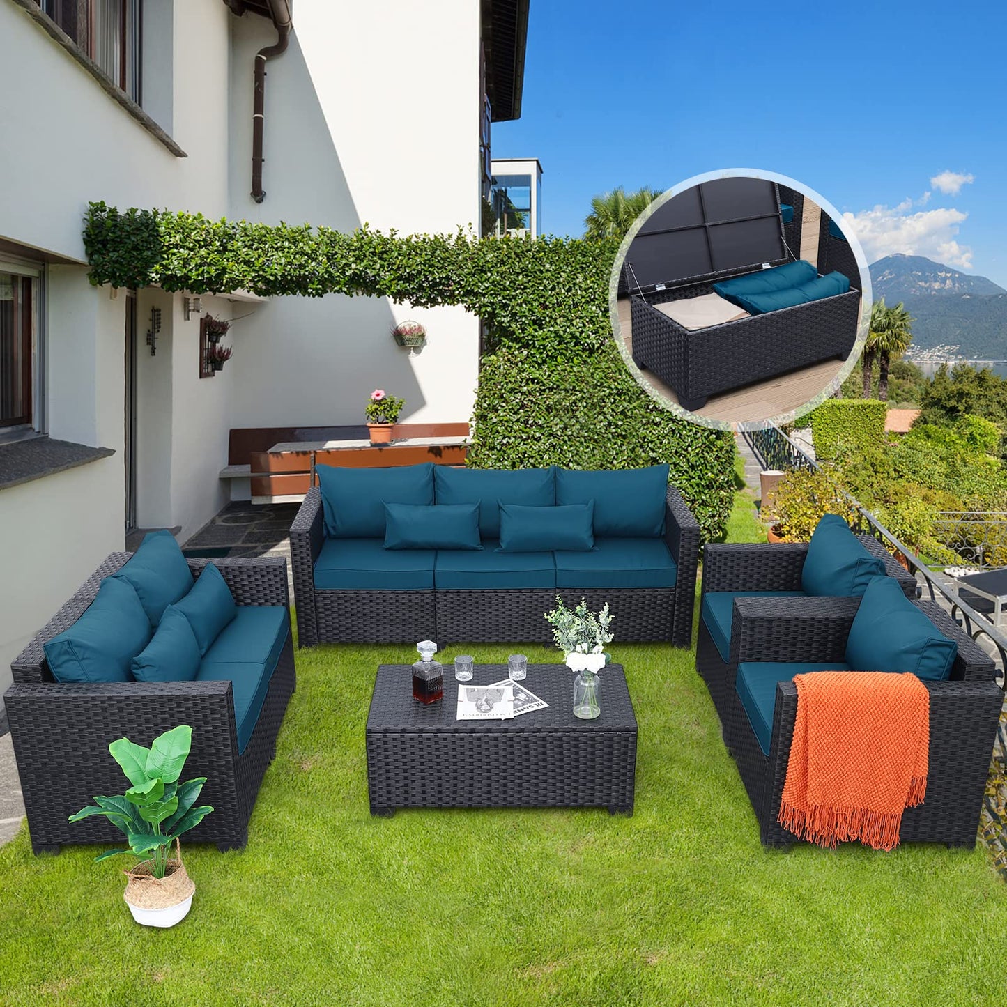 Rattaner 5 Pcs Outdoor Furniture Sets Patio Furniture Set with 45" Fire Pit Patio Couch Outdoor Chairs 60000 BTU Steel Propane Fire Pit Table No-Slip Cushions and Waterproof Covers, Light Grey