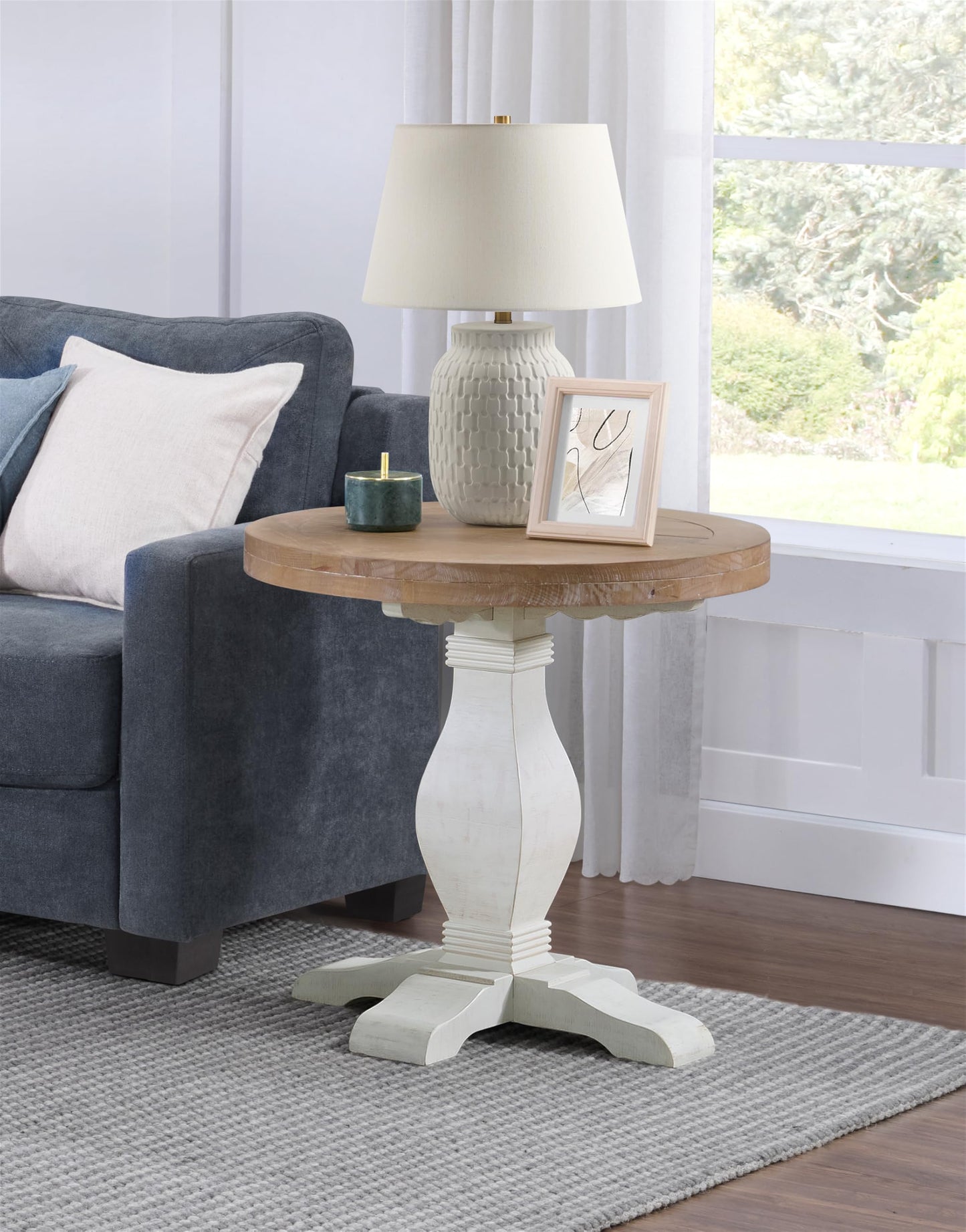 Napa Solid Wood Farmhouse Rustic Round End Side Living Room Table, Nightstand 26" W x 26" D x 25" H