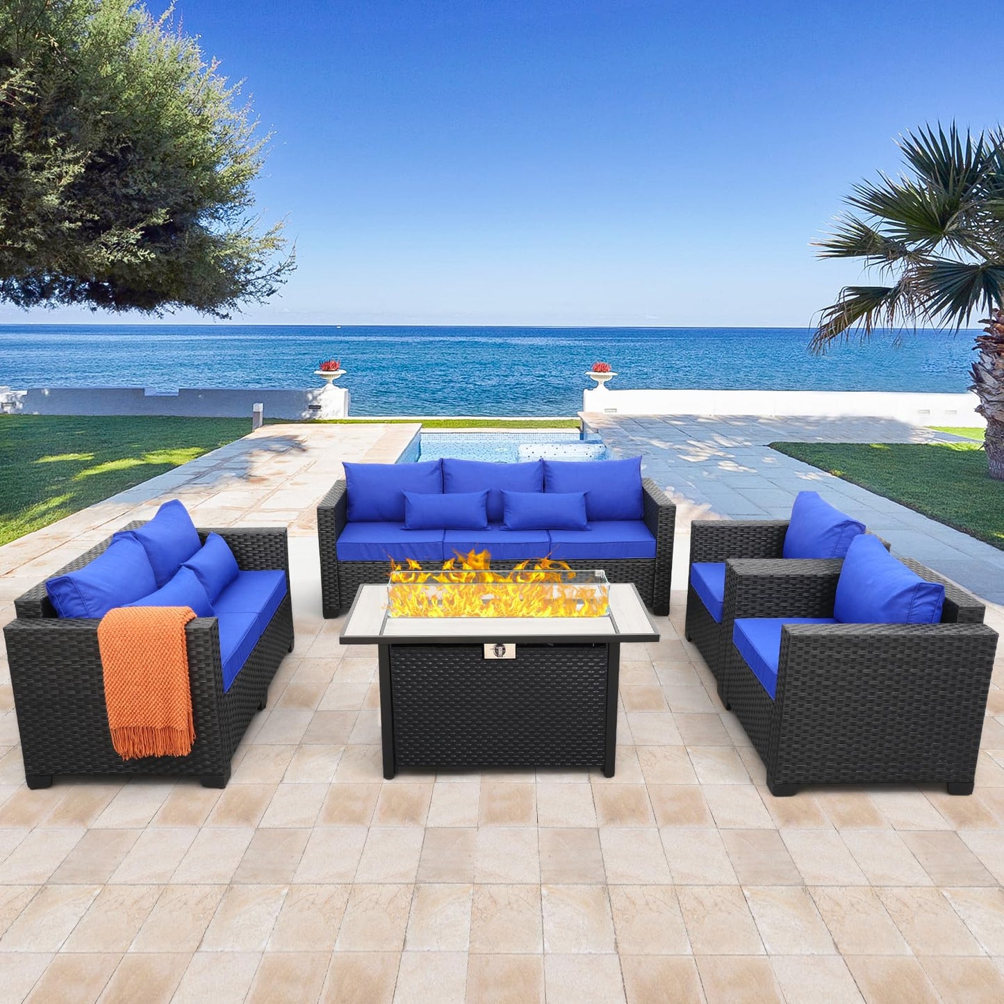 Rattaner 5 Pcs Outdoor Furniture Sets Patio Furniture Set with 45" Fire Pit Patio Couch Outdoor Chairs 60000 BTU Steel Propane Fire Pit Table No-Slip Cushions and Waterproof Covers, Light Grey
