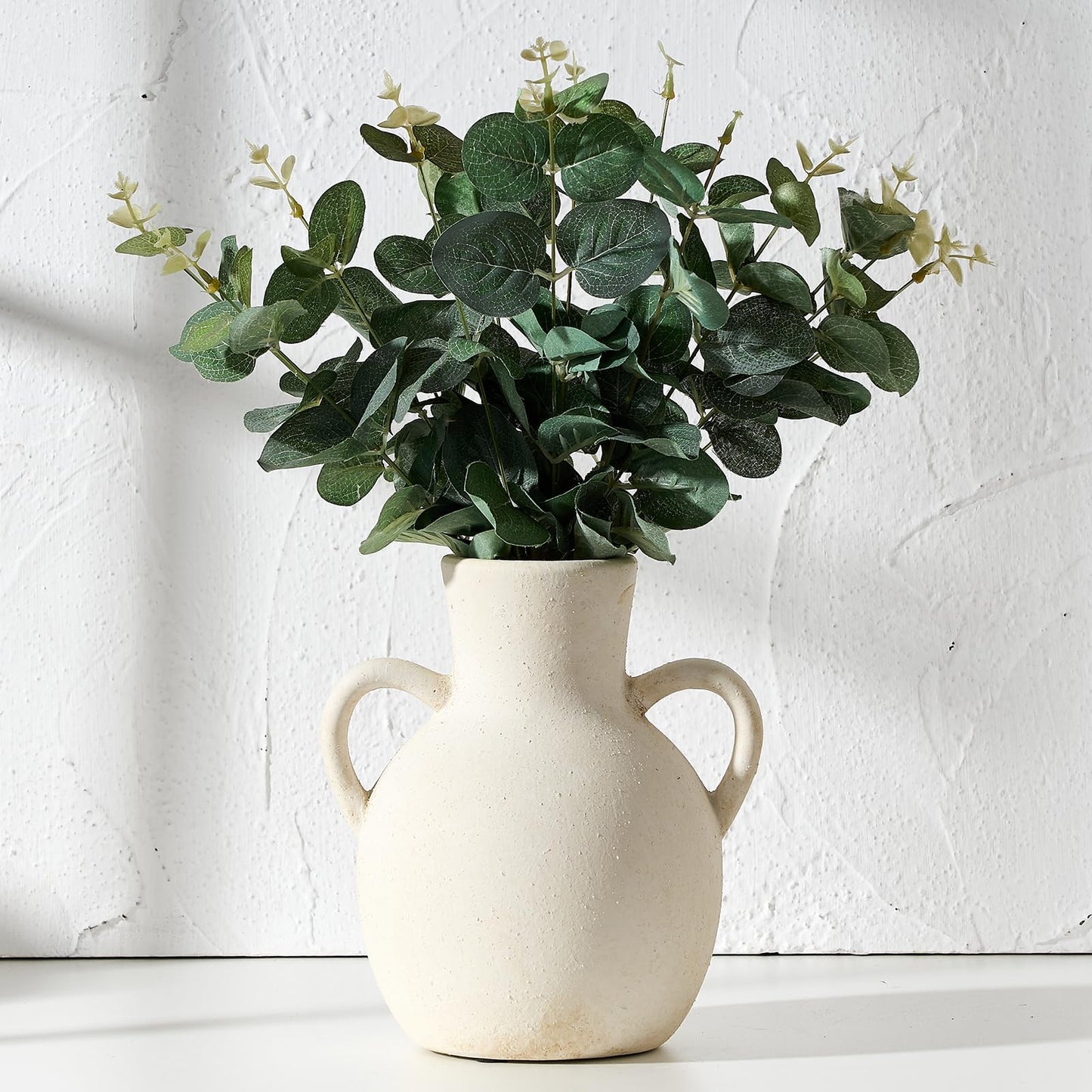 SIDUCAL Rustic Ceramic Farmhouse Flower Vase with 2 Handles, Whitewashed Terra Cotta Vase, Decorative Pottery Flower for Home Decor, Table, Living Room, Shelf Decor, 7.3 Inch, Terra