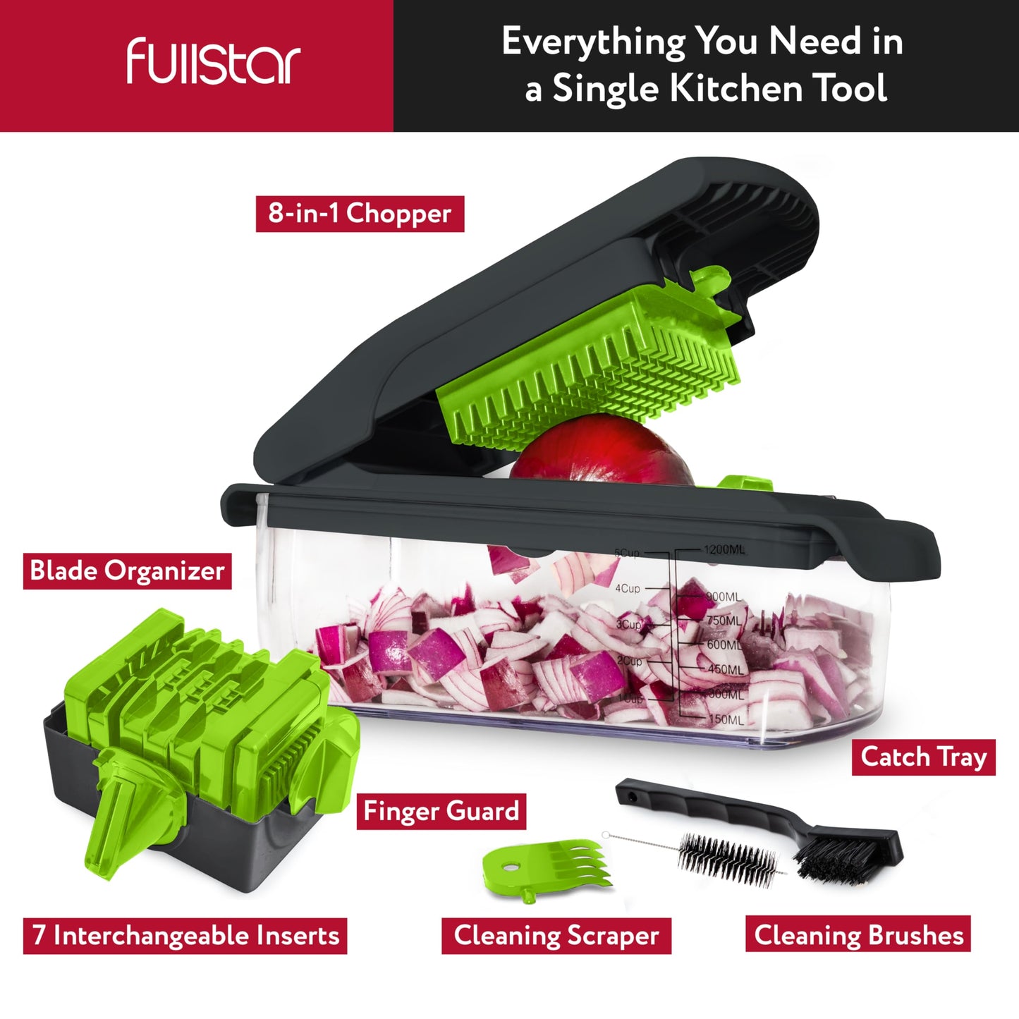 Fullstar Vegetable Chopper and Spiralizer - Food Chopper with Container, Fruit Slicer, Kitchen Gadgets & Accessories, Home Essentials (4 in 1, White)