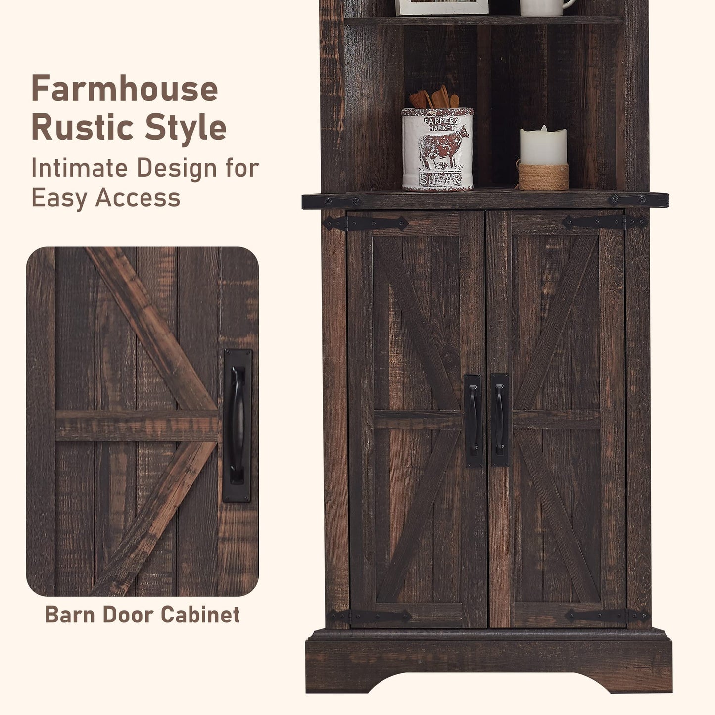 OKD Tall Corner Cabinet, Farmhouse Storage Cabinet with Barn Door Design & Adjustable Shelves, Home Space Saver for Bathroom, Living Room, Rustic Oak with Antique White