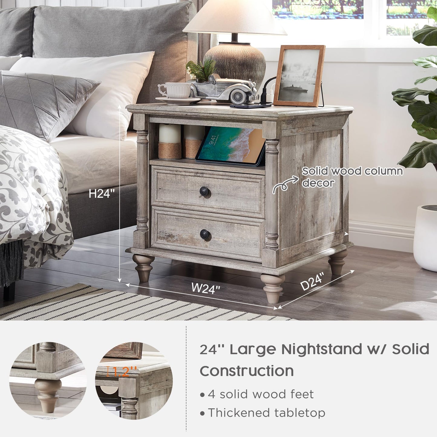 T4TREAM 24'' Farmhouse End Table w/4 Solid Wood Feet, Large 2 Drawers Wide Sofa Side Table with Charging Station, Tall Rustic Wood Square Nightstand for Living Room, Bedroom, Office, Antique White