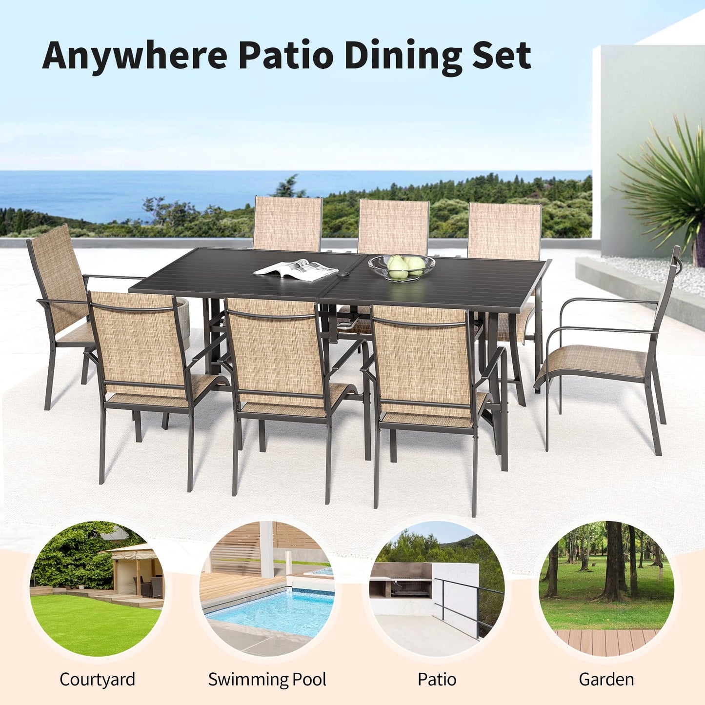 9-Piece Outdoor Patio Dining Set with 8 Swivel Rocker Chairs, Rectangular Metal Table with Umbrella Hole, 8-Person Patio Table and Chairs for Backyard, Poolside, Balcony and Garden Grey