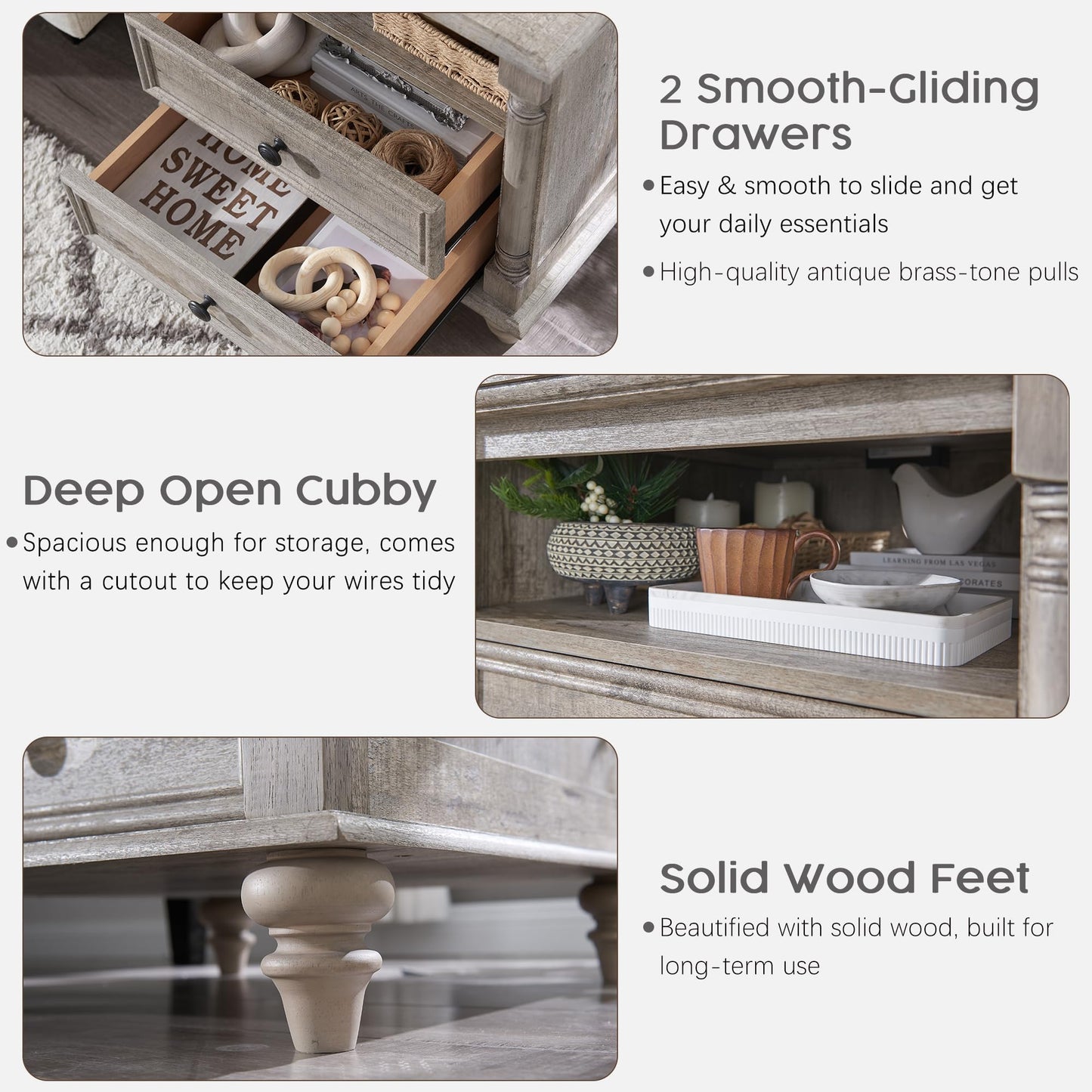T4TREAM 24'' Farmhouse End Table w/4 Solid Wood Feet, Large 2 Drawers Wide Sofa Side Table with Charging Station, Tall Rustic Wood Square Nightstand for Living Room, Bedroom, Office, Antique White