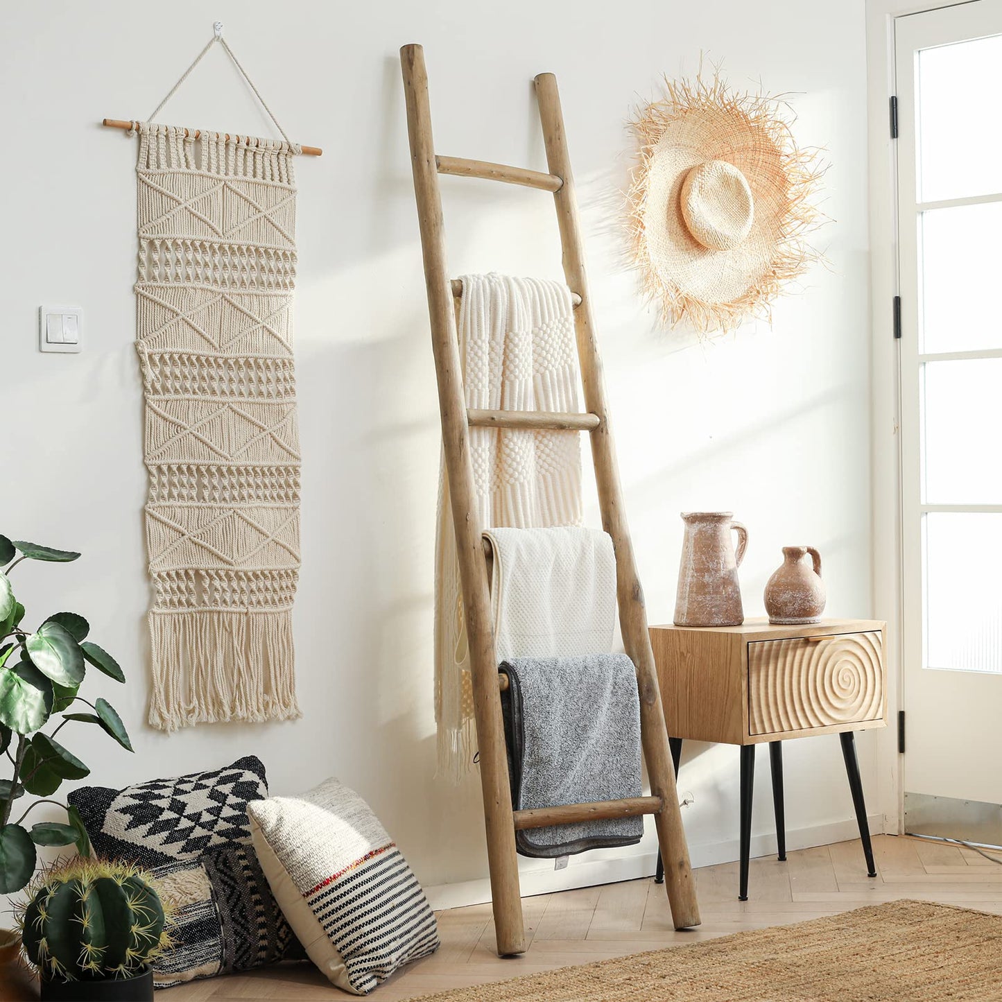 FUIN Fully Assembled 57in Wood Blanket Ladder Living Room Decorative Wall Leaning Farmhouse Quilt Display Holder Rustic Wooden Towel Rack for Bathroom, Unfinished