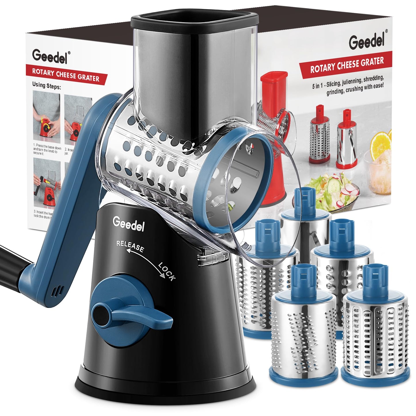Geedel Rotary Cheese Grater Cheese Shredder - Upgraded 5-in-1 Cheese Grater with Handle and Strong Suction Base, Multi-purpose Vegetable Slicer Ice Shaver Nuts Grinder for Ice, Vegetables, Fruit, Nuts
