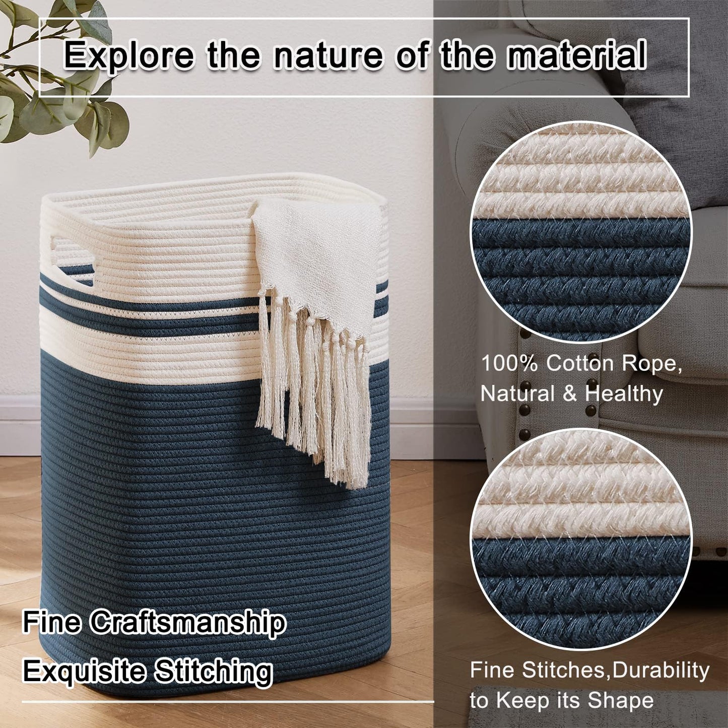 OIAHOMY Laundry Hamper-Laundry Basket,Tall Cotton Storage Basket with Handles,Decorative Blanket Basket for Living room,Collapsible Large Basket for Toys,Pillows,Clothes-16x13x22in-Yellow variegated