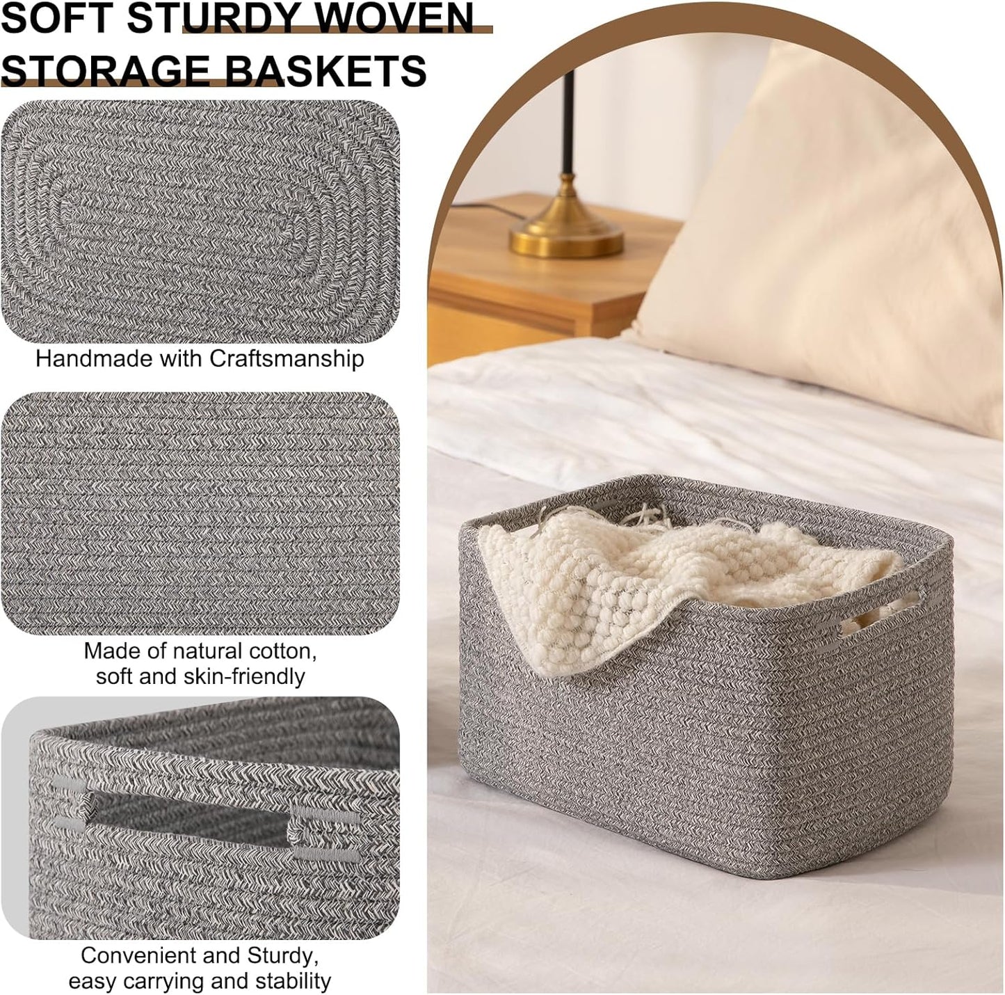 Storage Baskets for Organizing, Woven Decorative Baskets for Shelves - Books, Towels, and Clothes, Cotton Rope Toy Storage Bins, 12.7''Lx9''Wx7.8''H, Pack of 4, Brown