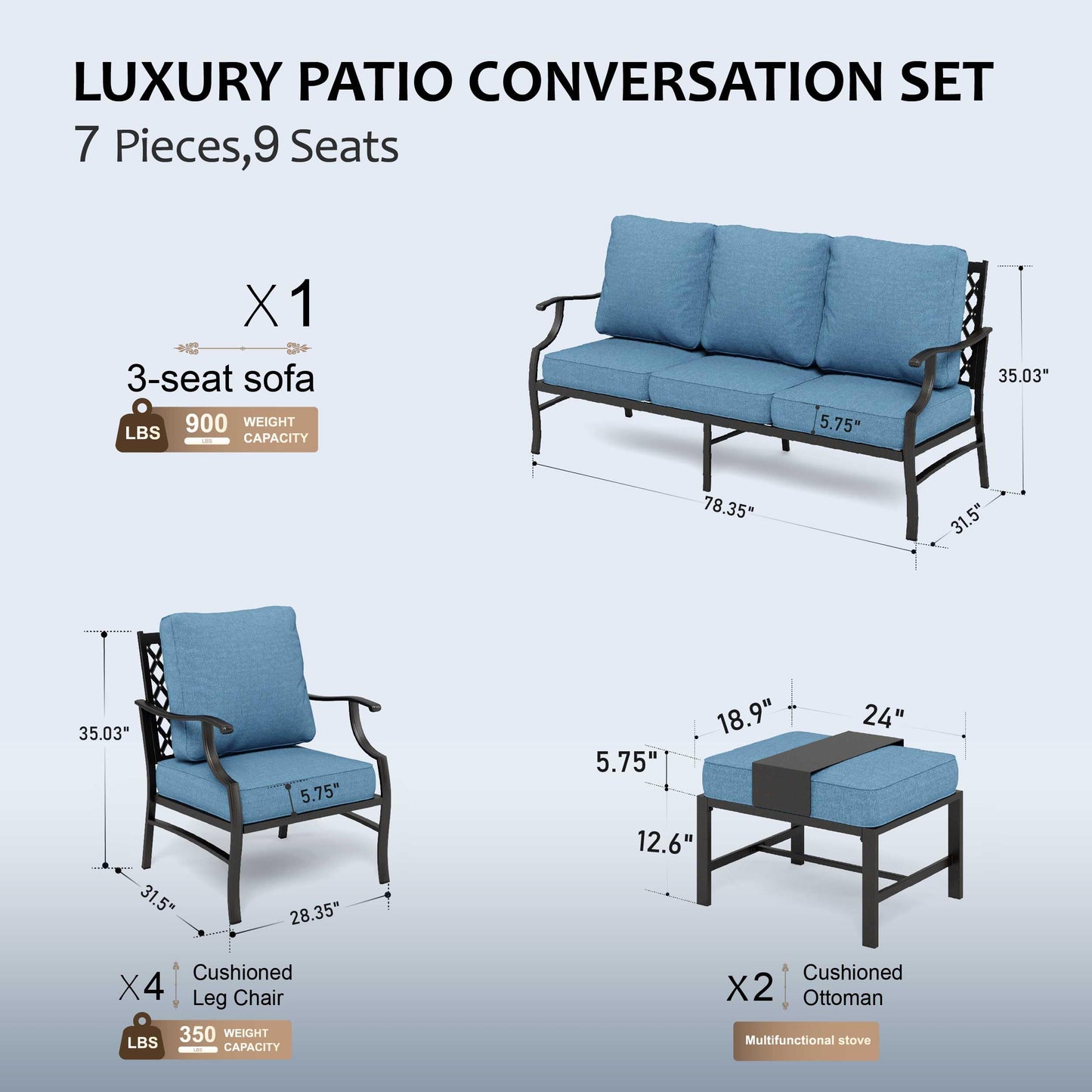 HERA'S HOUSE 7 Piece Patio Furniture Set, 2 x Rocking Chair, 2 x Fixed Chair, 2 x Ottoman, 1 x 3-Seat Sofa, All Cushioned 9 Seats Outdoor Conversation Set for Lawn Garden Backyard
