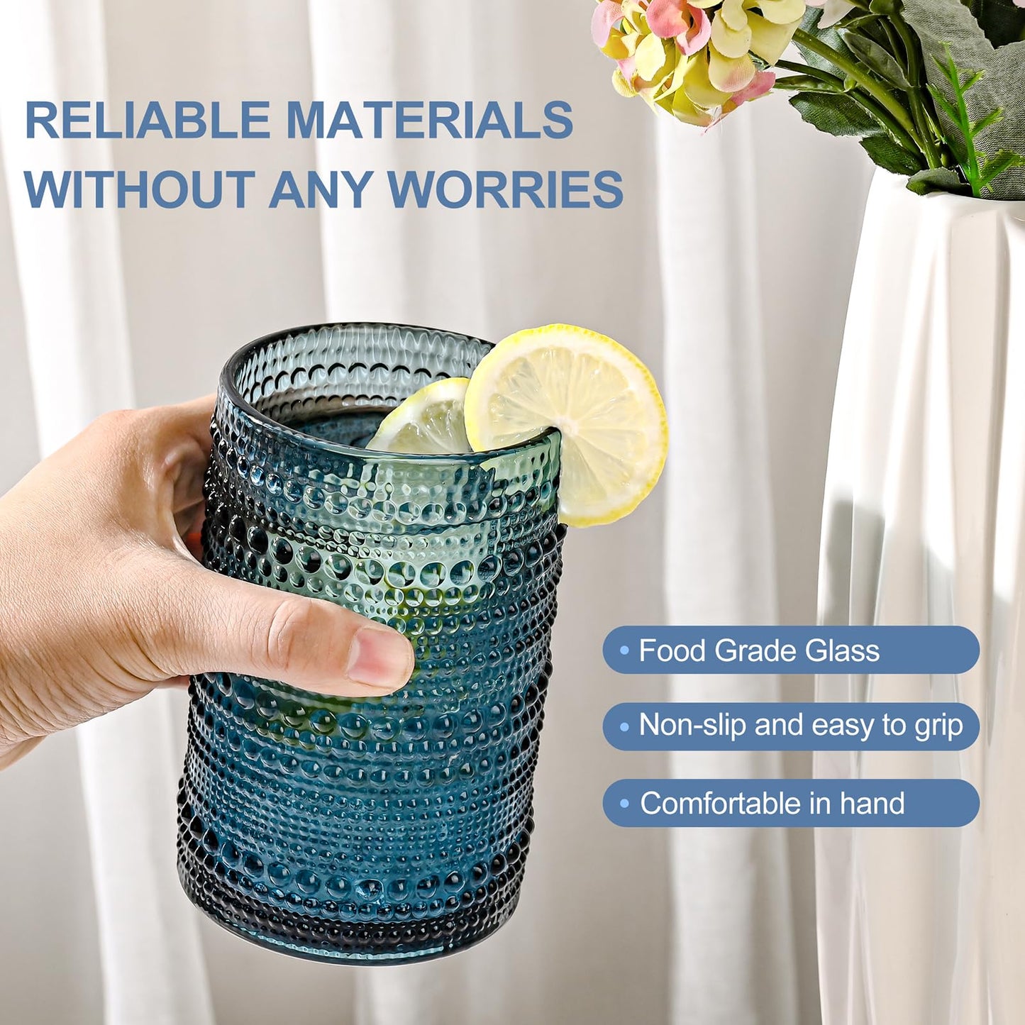 Vintage Glassware Drinking Glasses Set of 6,15 oz Hobnail Glass Cups,Embossed Blue Water Tumbler,for Beer,Cocktail,Whiskey,Juice and Various Mixed Drinks- 1 Cleaning Brush