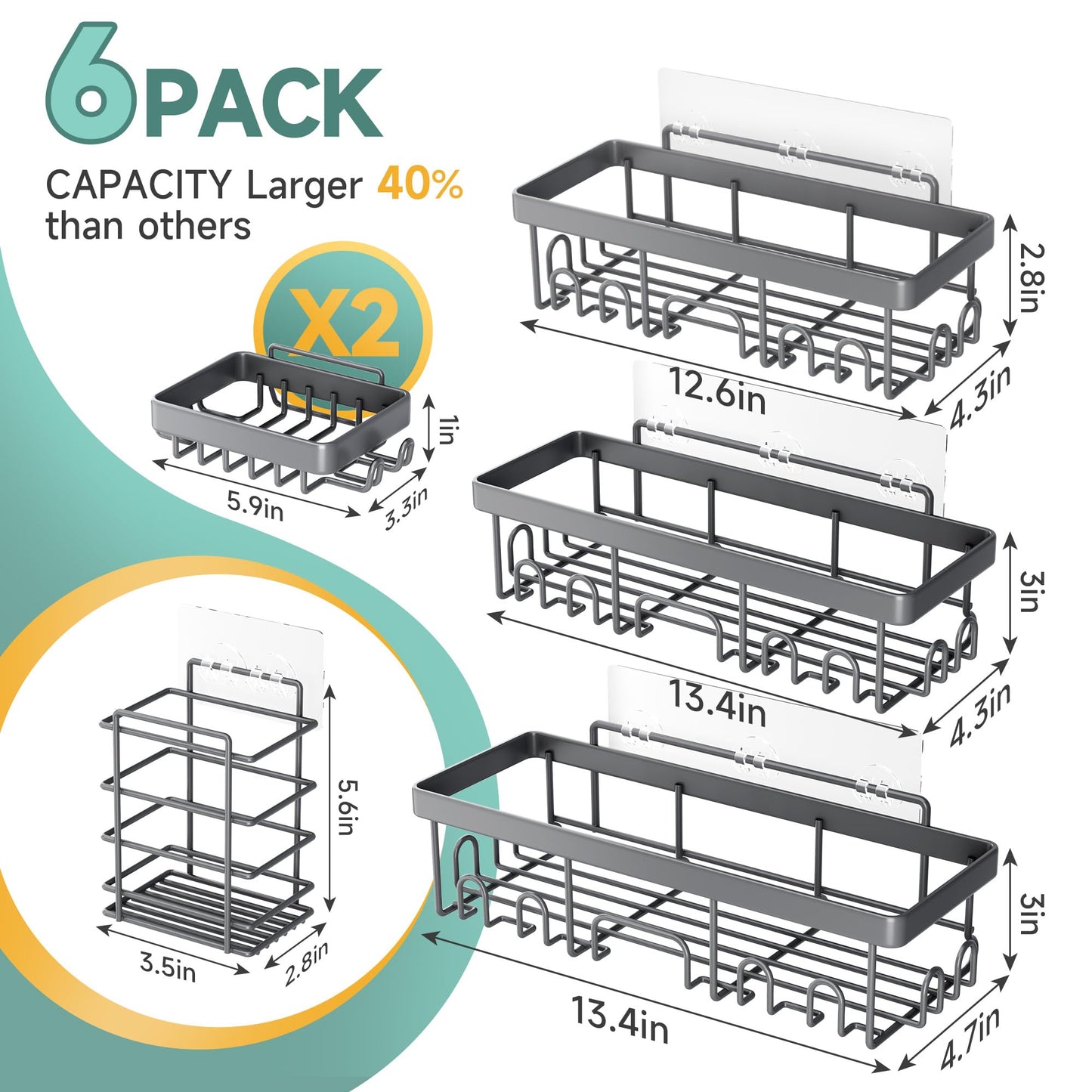 Veken Stainless Steel Shower Caddy 6-Pack, No Drilling & Rustproof, Waterproof Adhesive Shelves Rack with Soap Holder, Large Capacity Bathroom Organizers and Storage, Wall-Mounted Kitchen & Home Decor
