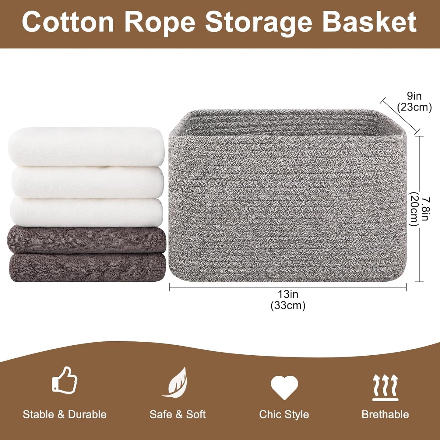Storage Baskets for Organizing, Woven Decorative Baskets for Shelves - Books, Towels, and Clothes, Cotton Rope Toy Storage Bins, 12.7''Lx9''Wx7.8''H, Pack of 4, Brown
