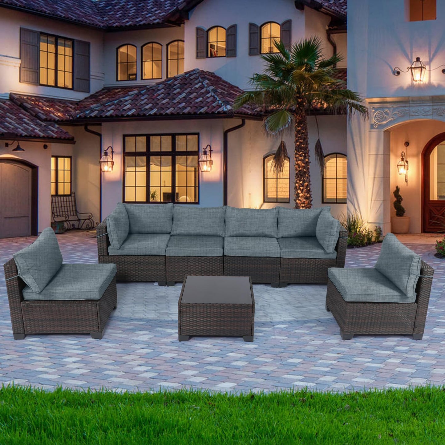LEVELEVE 7 Pieces Outdoor Patio Furniture Sets,Rattan Conversation Sectional Set,Manual Weaving Wicker Patio Sofa with Tea Table