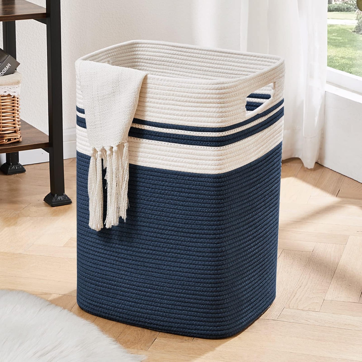 OIAHOMY Laundry Hamper-Laundry Basket,Tall Cotton Storage Basket with Handles,Decorative Blanket Basket for Living room,Collapsible Large Basket for Toys,Pillows,Clothes-16x13x22in-Yellow variegated
