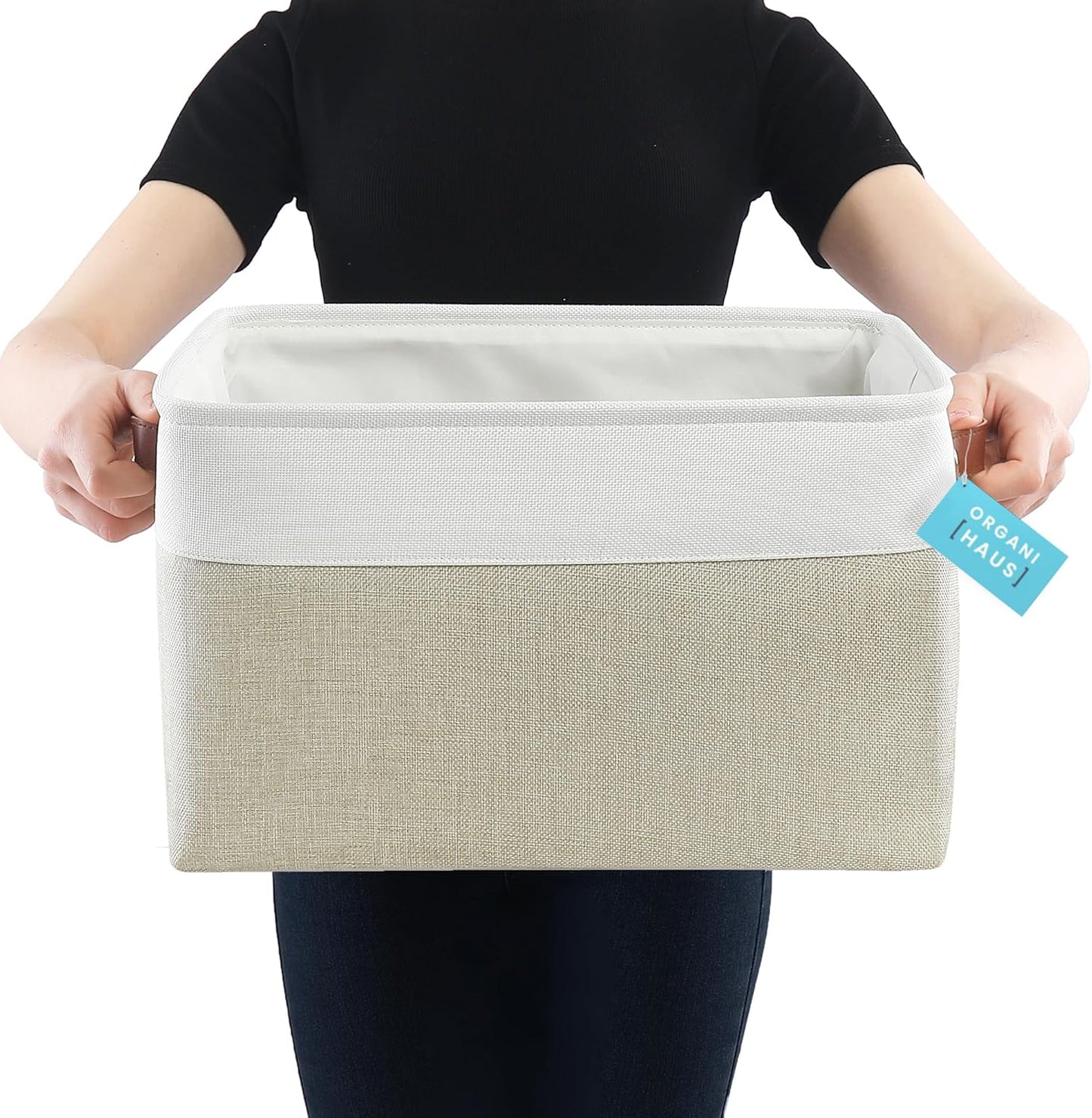 OrganiHaus Small Fabric Storage Baskets for Shelves 3 Pack, 12x8in Closet Storage Bins for Shelves, Cloth Baskets for Organizing, Linen Closet Organizers, Fabric Basket, Beige/White