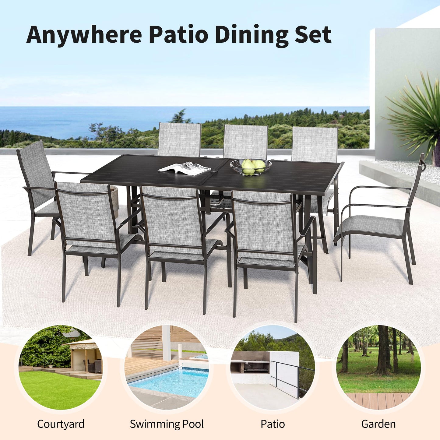 9-Piece Outdoor Patio Dining Set with 8 Swivel Rocker Chairs, Rectangular Metal Table with Umbrella Hole, 8-Person Patio Table and Chairs for Backyard, Poolside, Balcony and Garden Grey